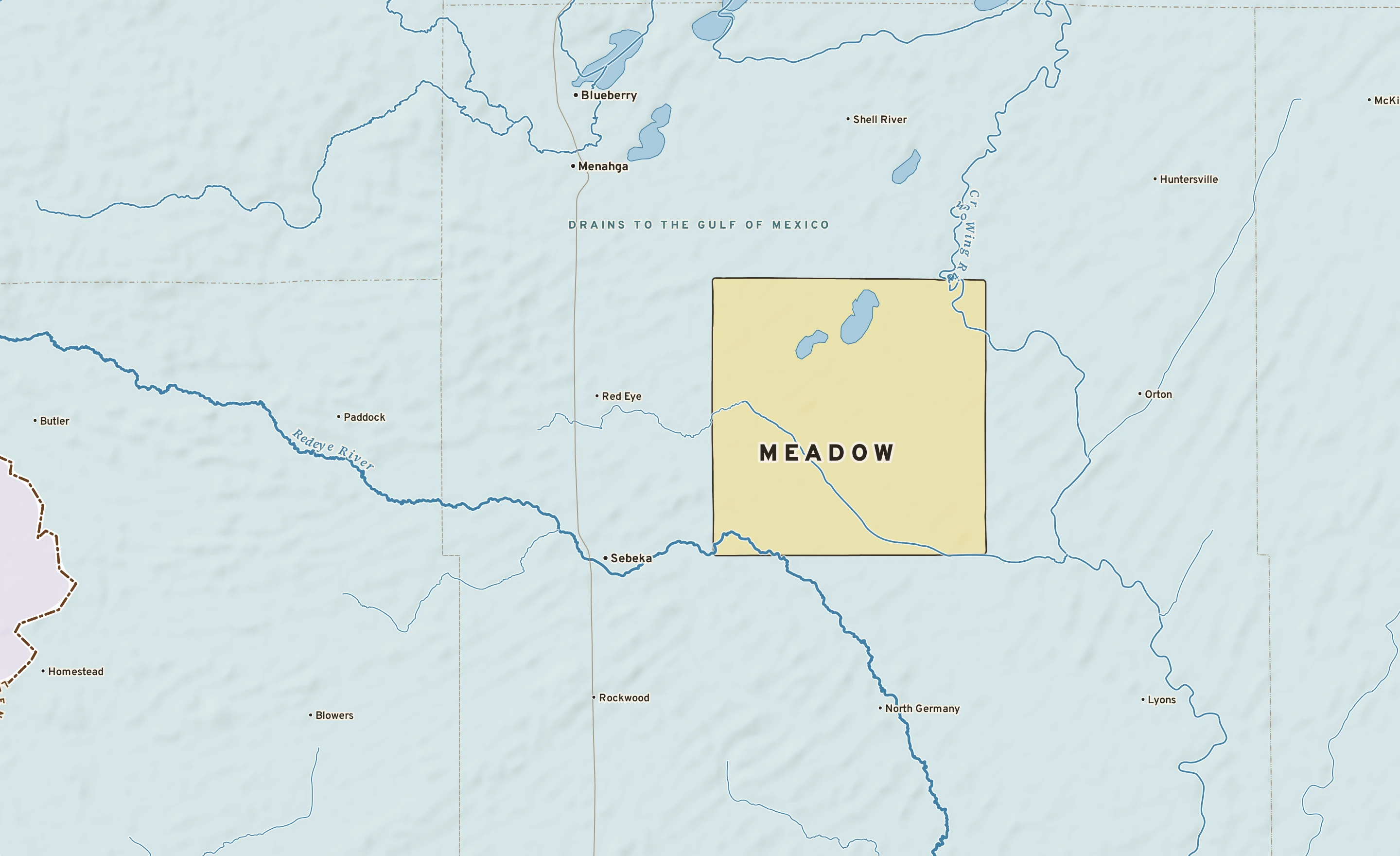 Shaded-relief atlas plate of Meadow, Minnesota: rivers, roads, the city limits and where the water drains.