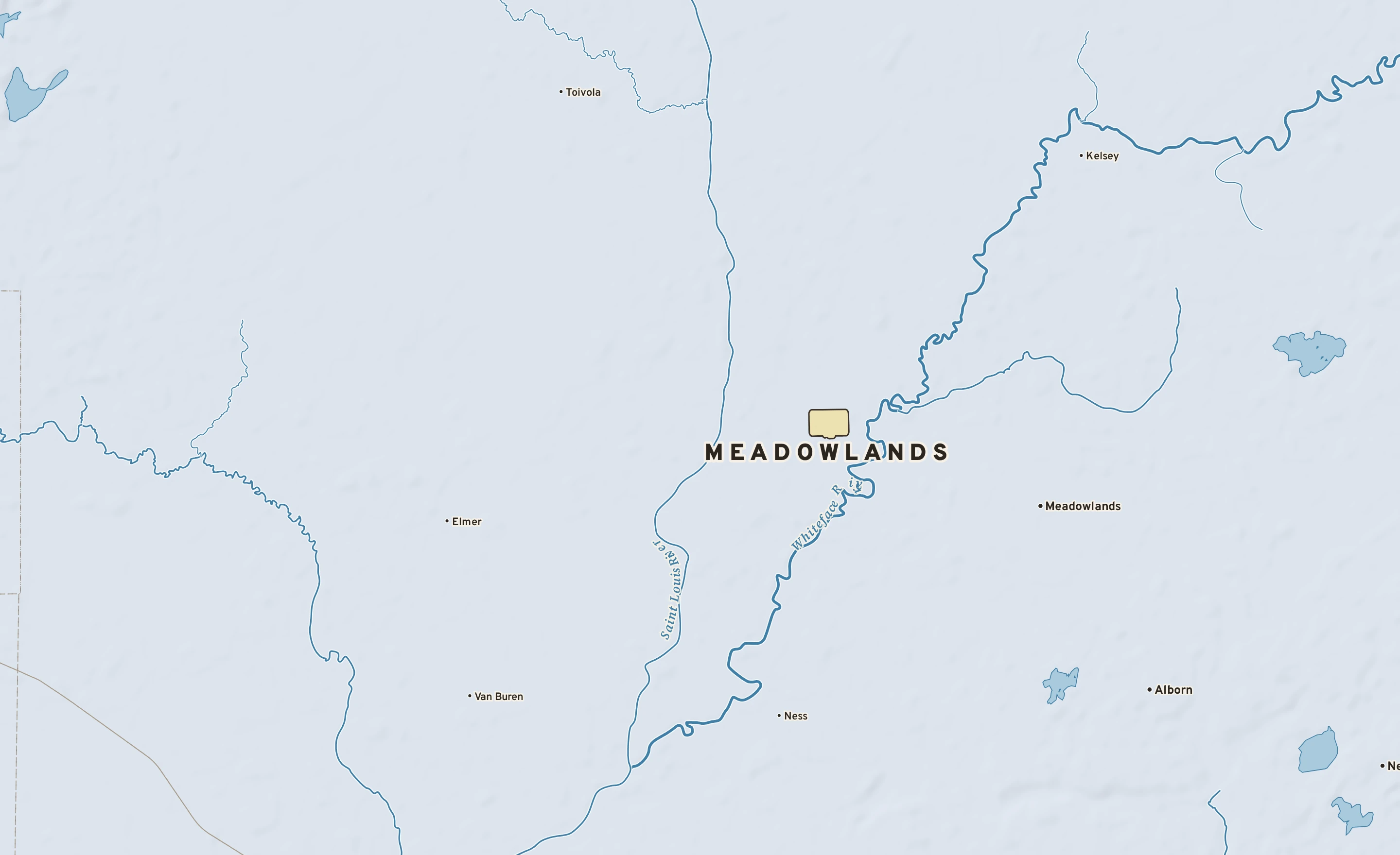Shaded-relief atlas plate of Meadowlands, Minnesota: rivers, roads, the city limits and where the water drains.