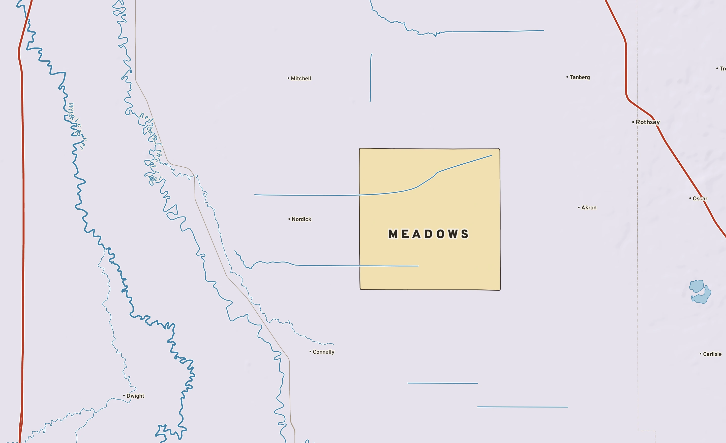 Shaded-relief atlas plate of Meadows, Minnesota: rivers, roads, the city limits and where the water drains.