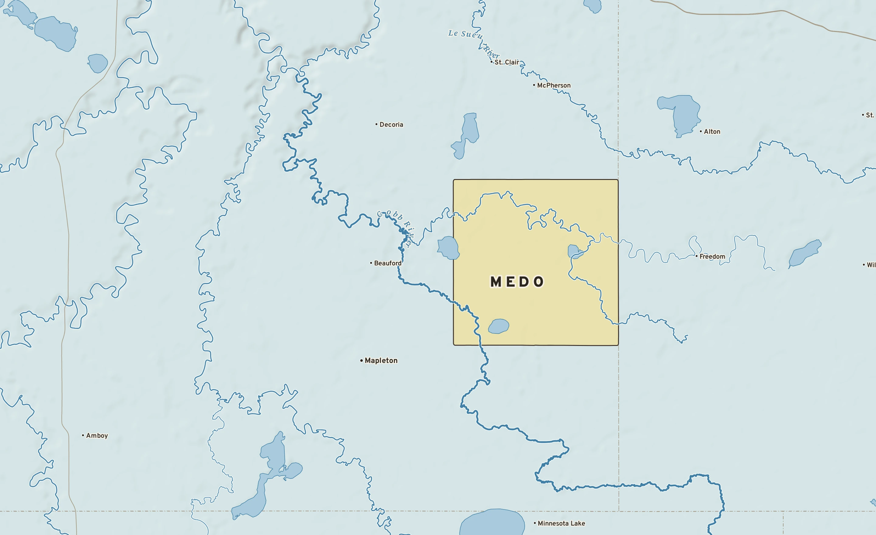 Shaded-relief atlas plate of Medo, Minnesota: rivers, roads, the city limits and where the water drains.