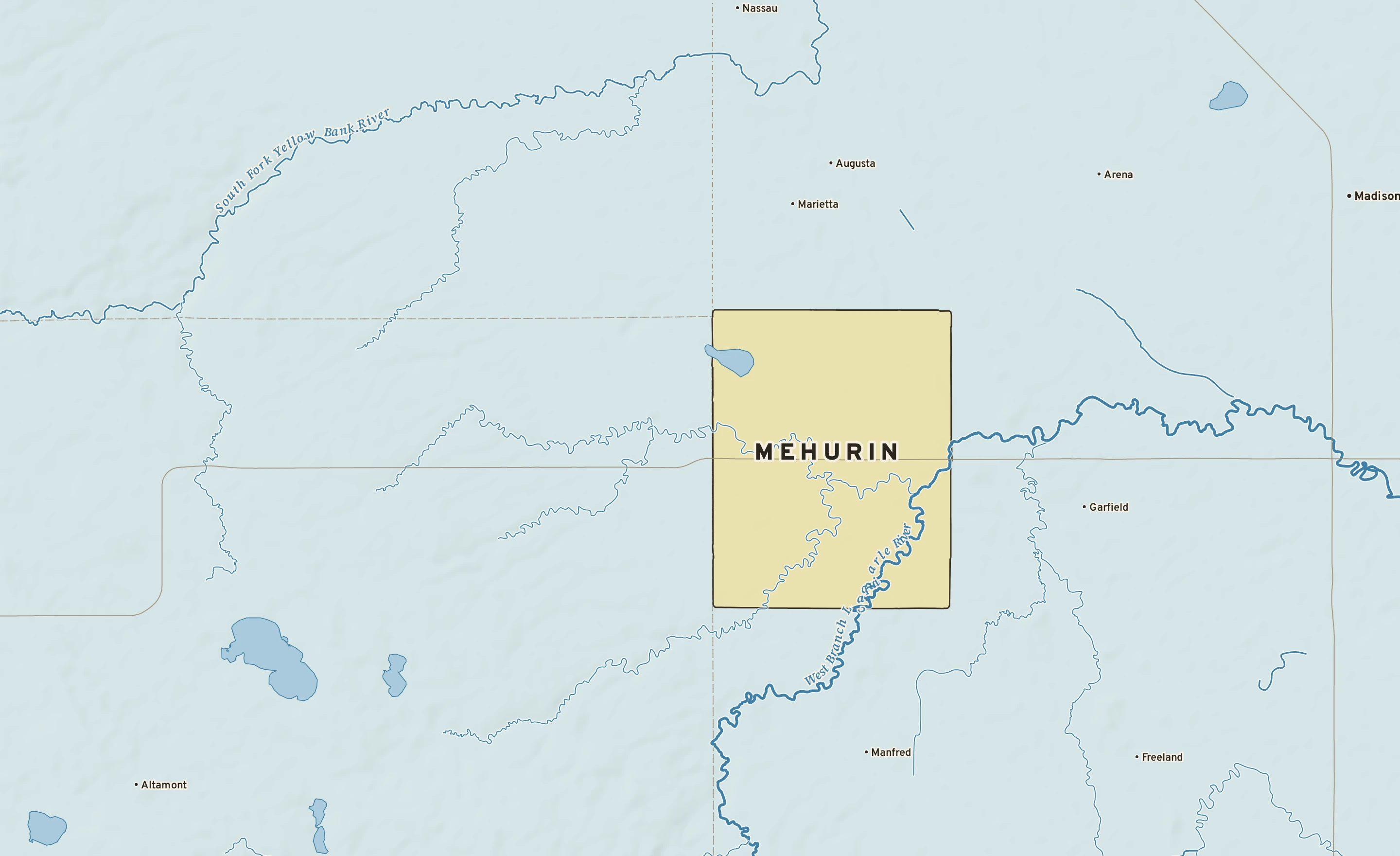 Shaded-relief atlas plate of Mehurin, Minnesota: rivers, roads, the city limits and where the water drains.