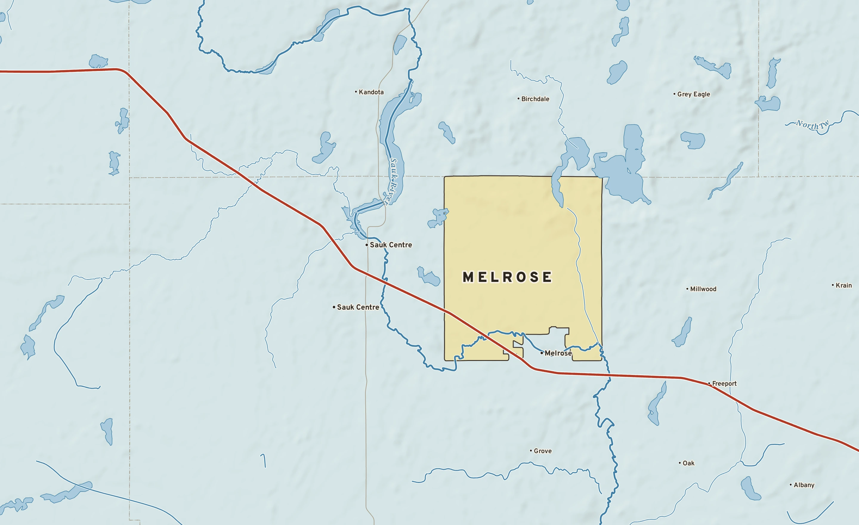 Shaded-relief atlas plate of Melrose, Minnesota: rivers, roads, the city limits and where the water drains.