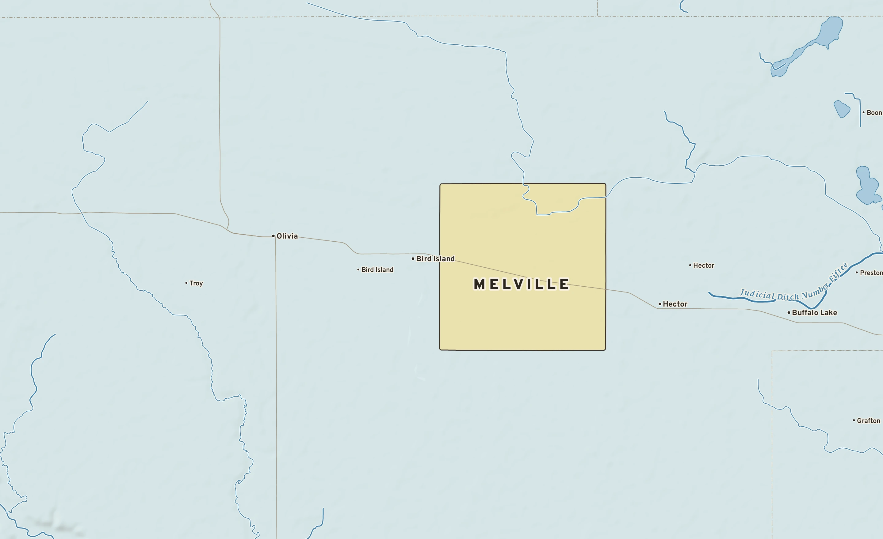 Shaded-relief atlas plate of Melville, Minnesota: rivers, roads, the city limits and where the water drains.