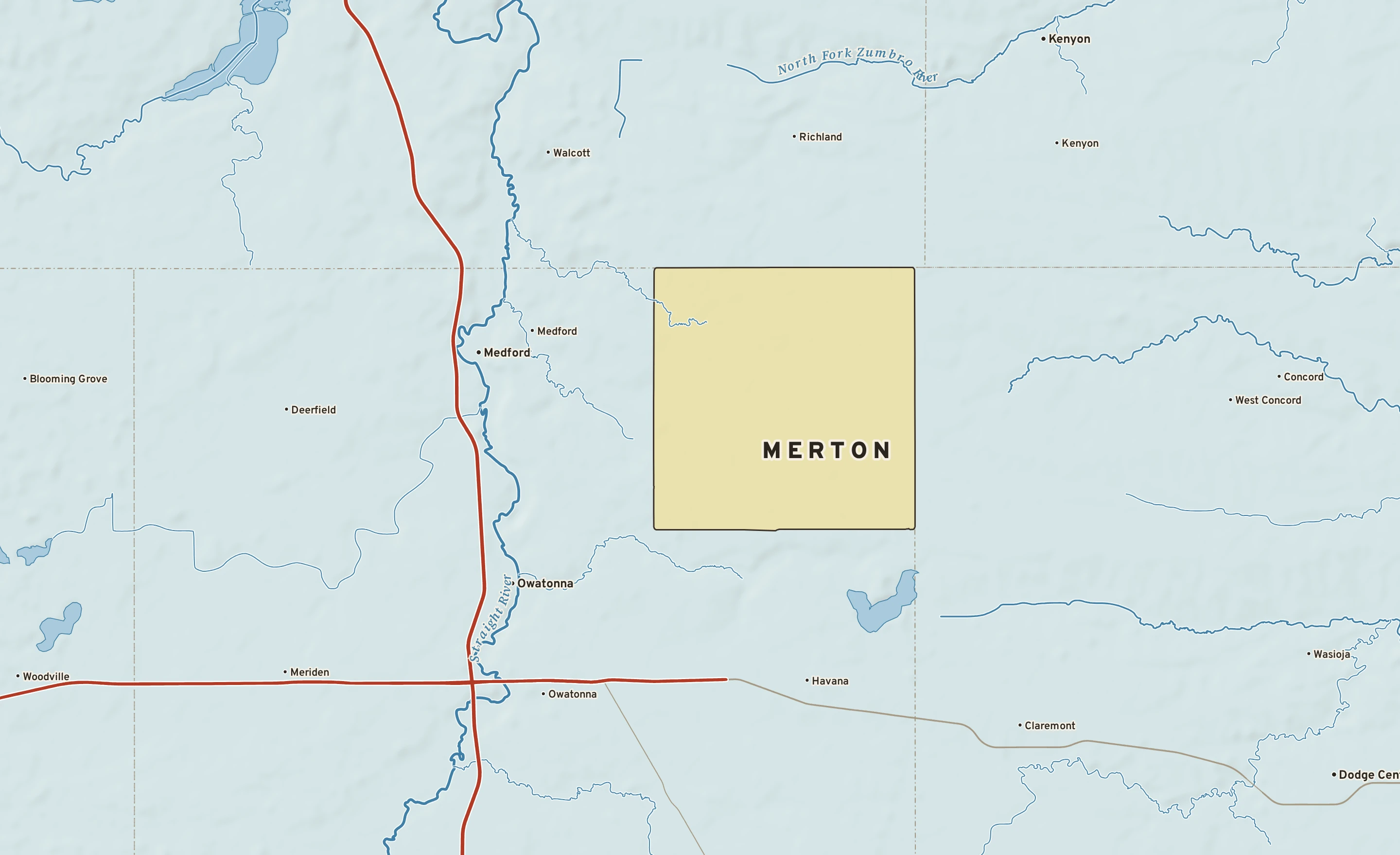 Shaded-relief atlas plate of Merton, Minnesota: rivers, roads, the city limits and where the water drains.