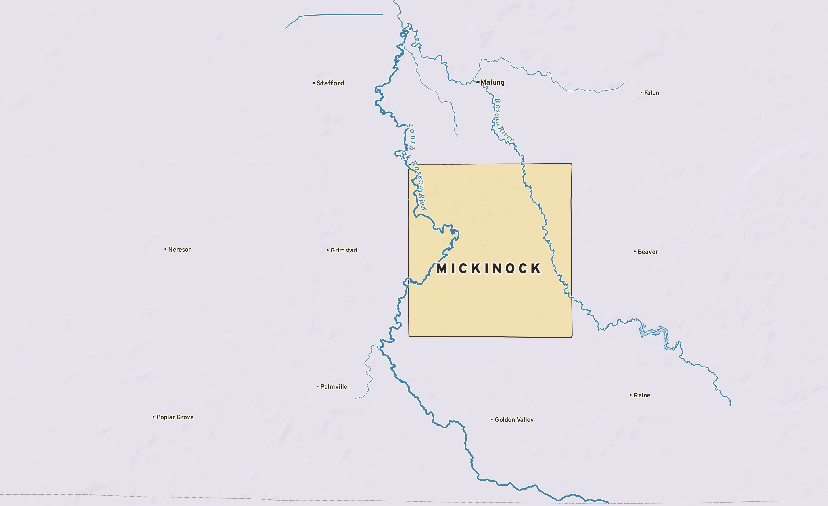 Shaded-relief atlas plate of Mickinock, Minnesota: rivers, roads, the city limits and where the water drains.