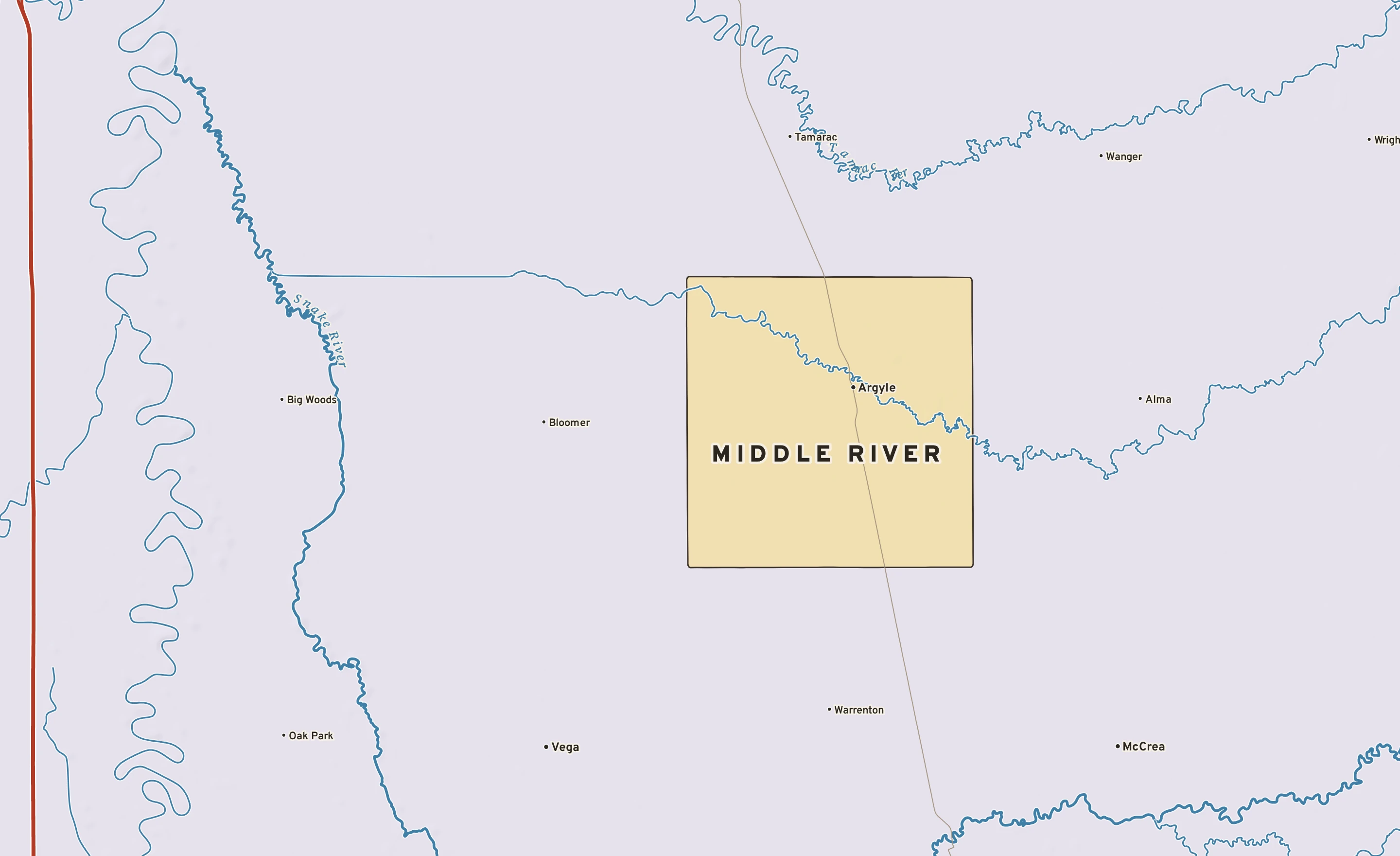 Shaded-relief atlas plate of Middle River, Minnesota: rivers, roads, the city limits and where the water drains.