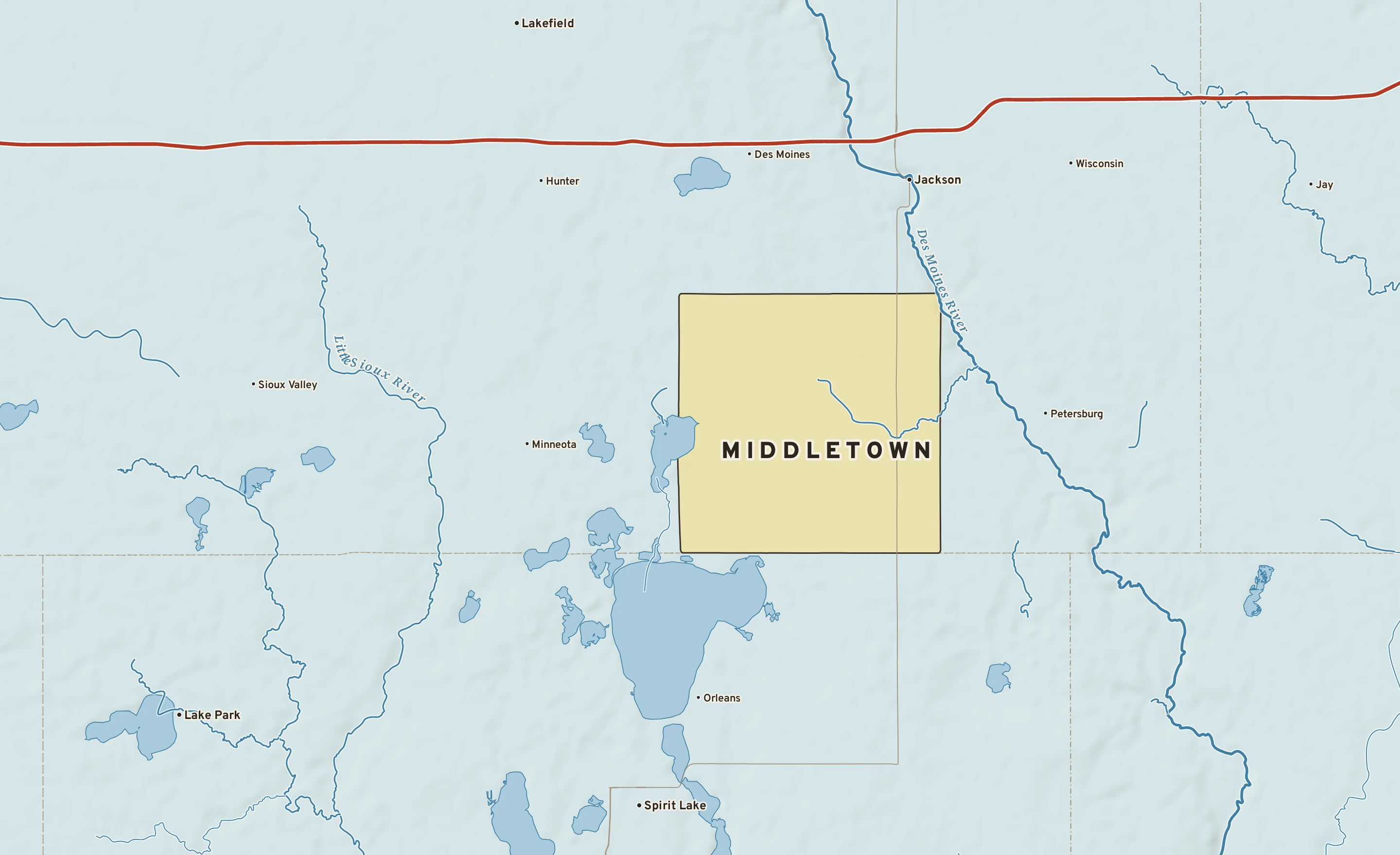 Shaded-relief atlas plate of Middletown, Minnesota: rivers, roads, the city limits and where the water drains.