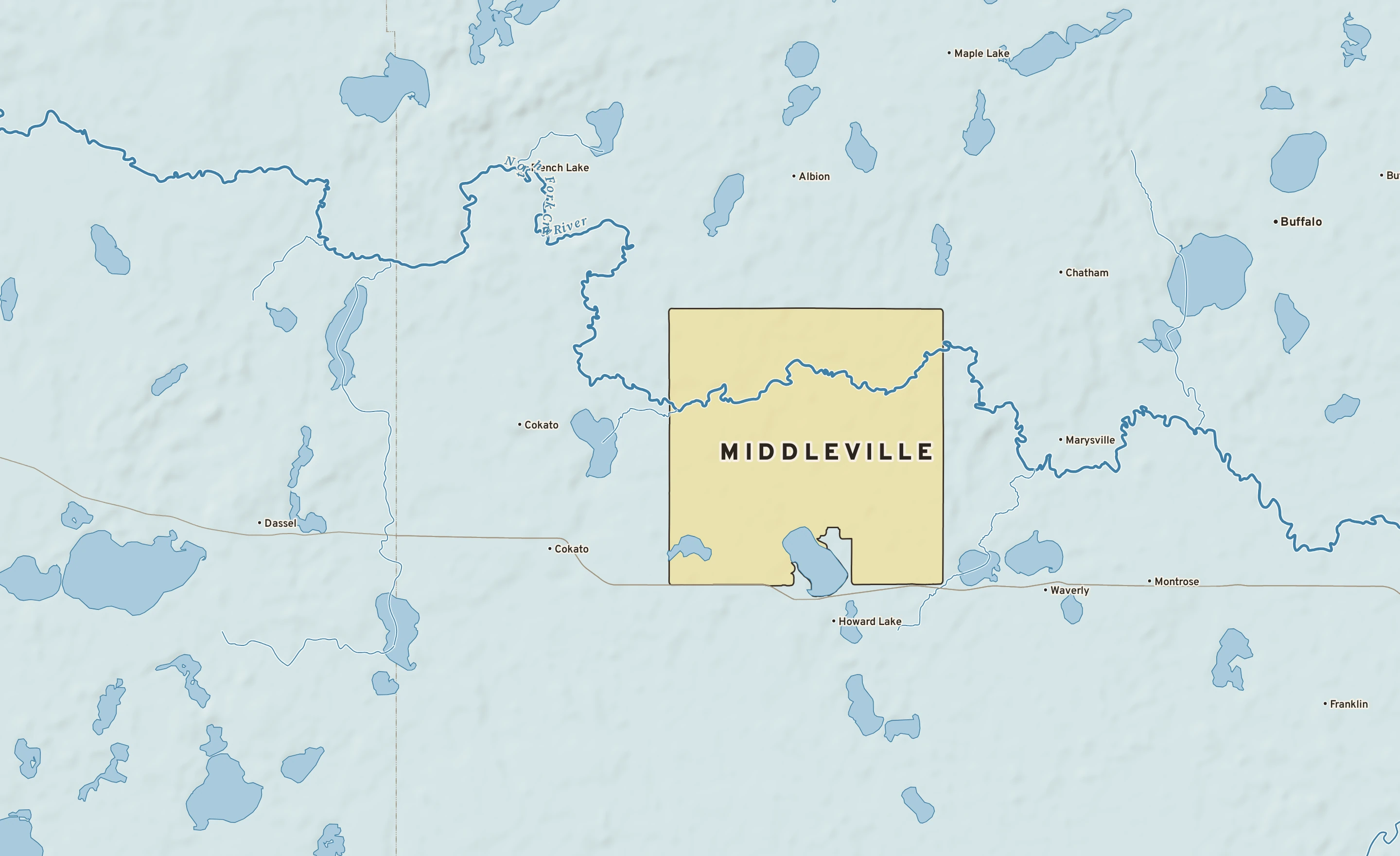 Shaded-relief atlas plate of Middleville, Minnesota: rivers, roads, the city limits and where the water drains.