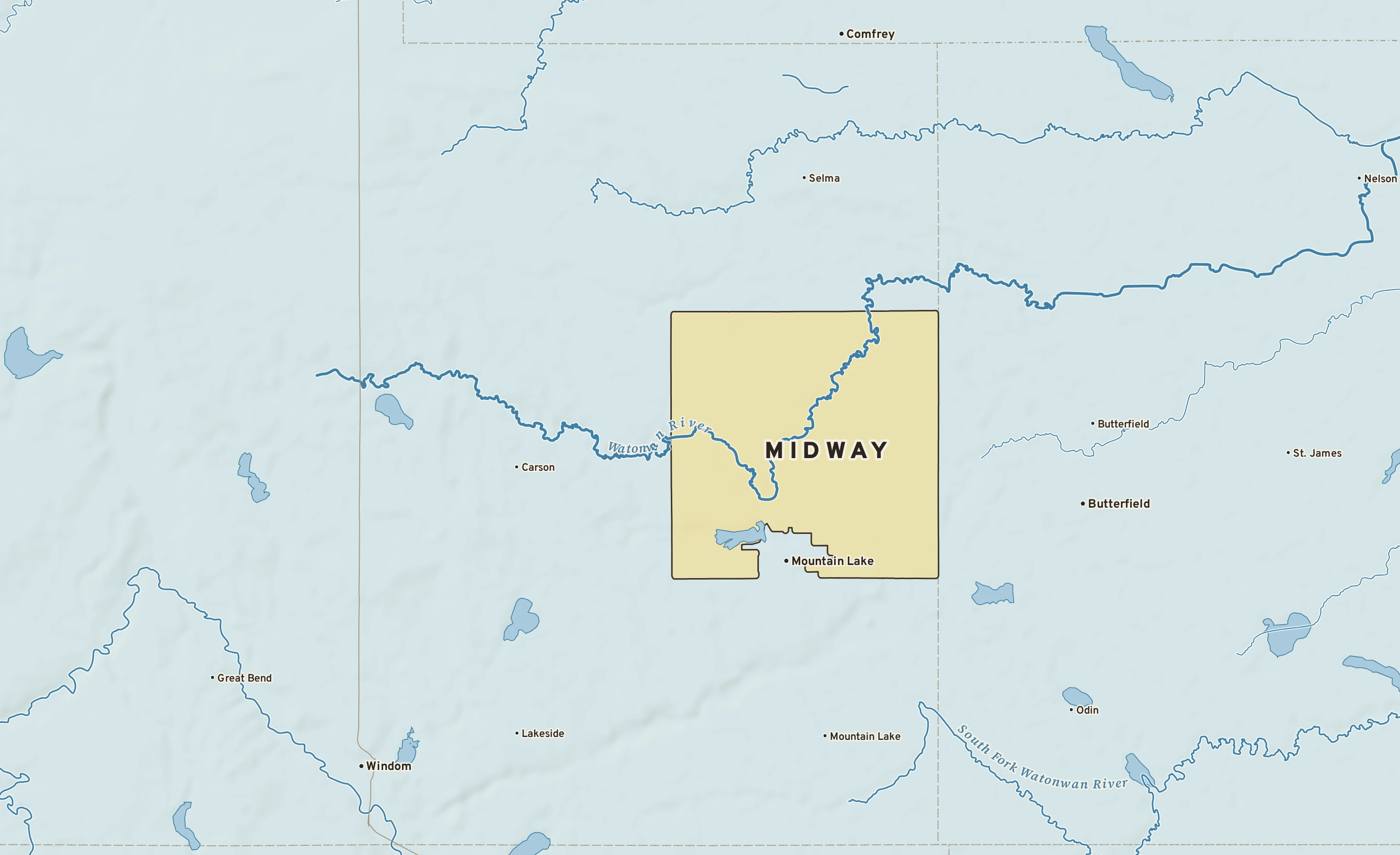 Shaded-relief atlas plate of Midway, Minnesota: rivers, roads, the city limits and where the water drains.