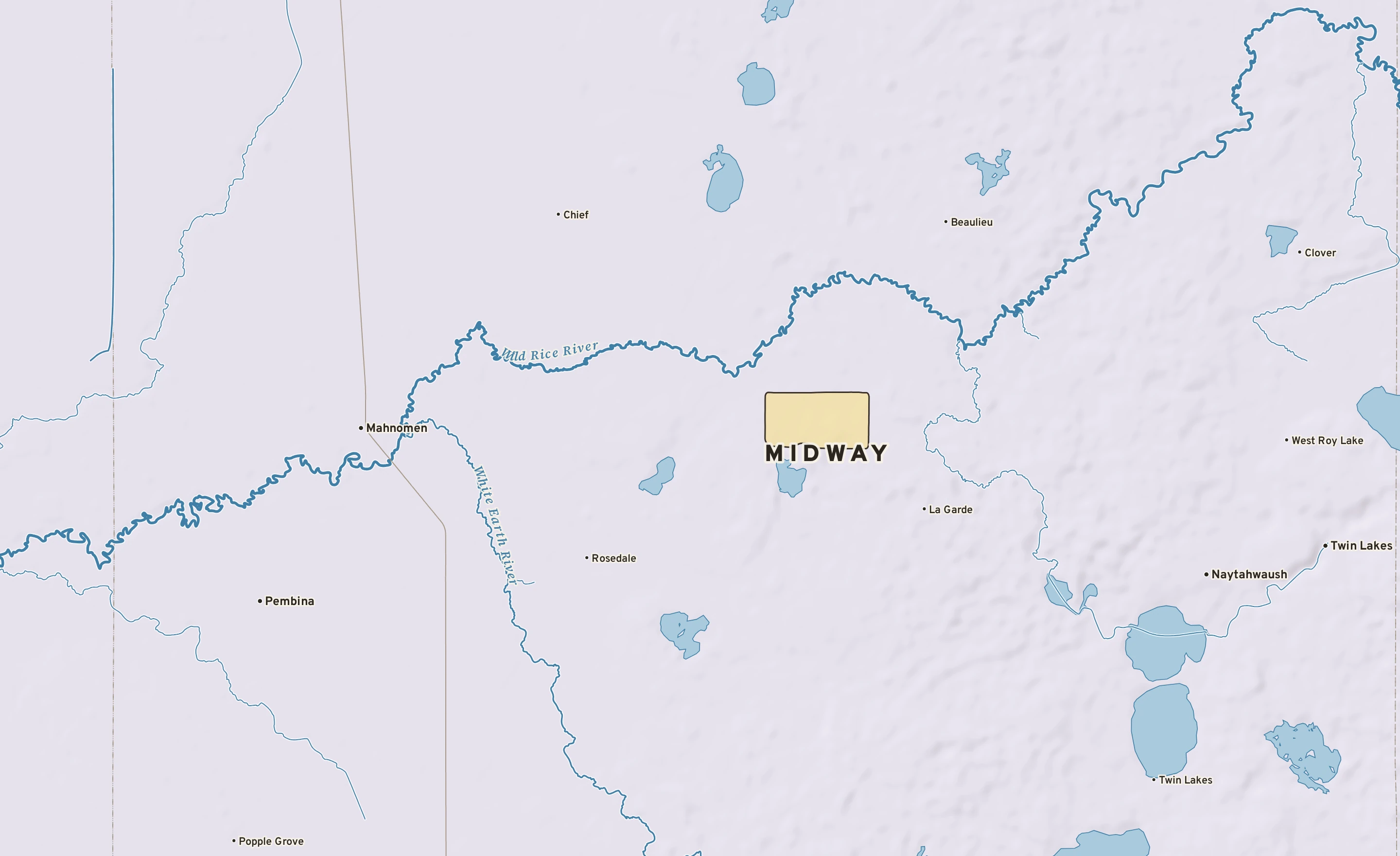 Shaded-relief atlas plate of Midway, Minnesota: rivers, roads, the city limits and where the water drains.