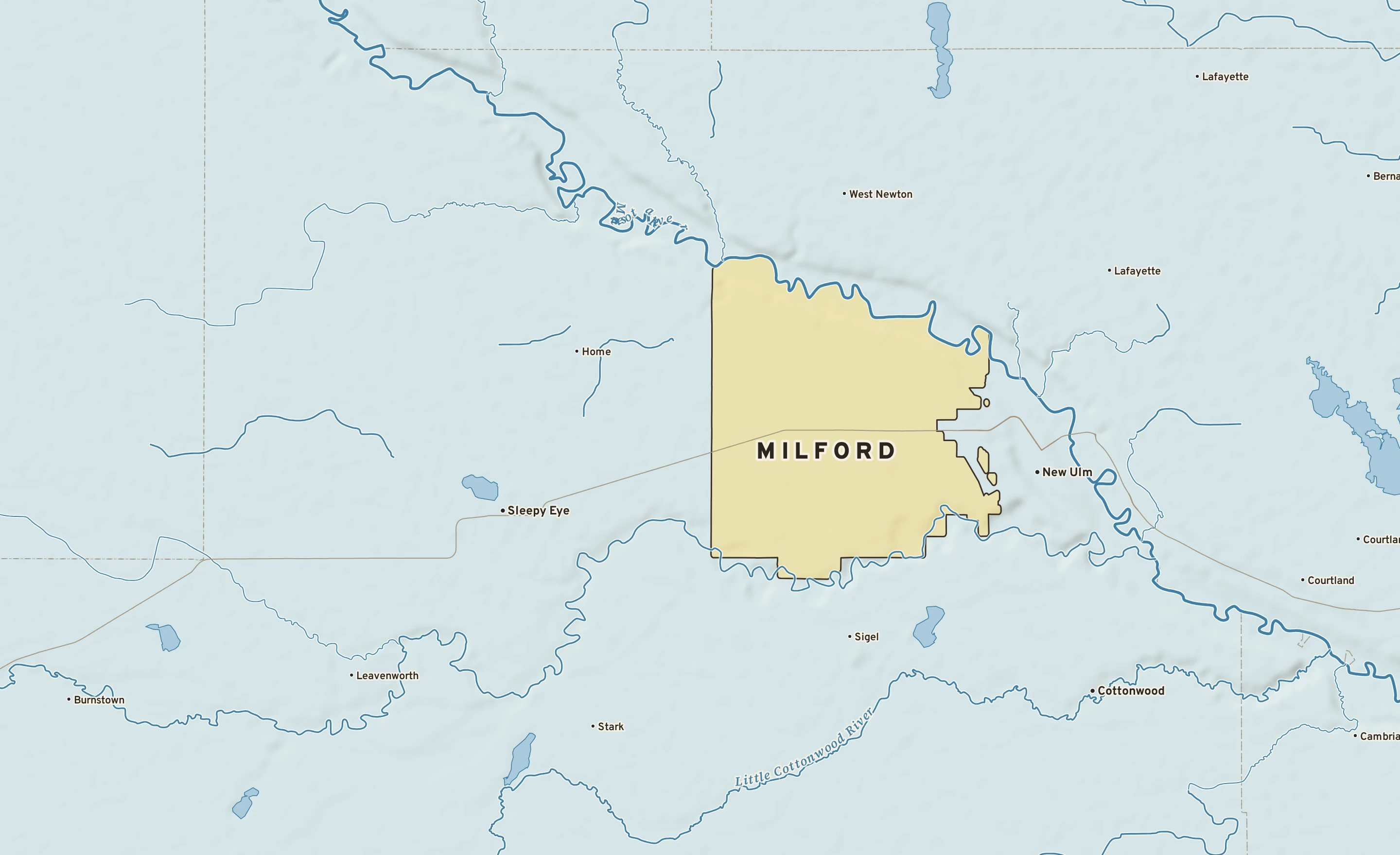Shaded-relief atlas plate of Milford, Minnesota: rivers, roads, the city limits and where the water drains.