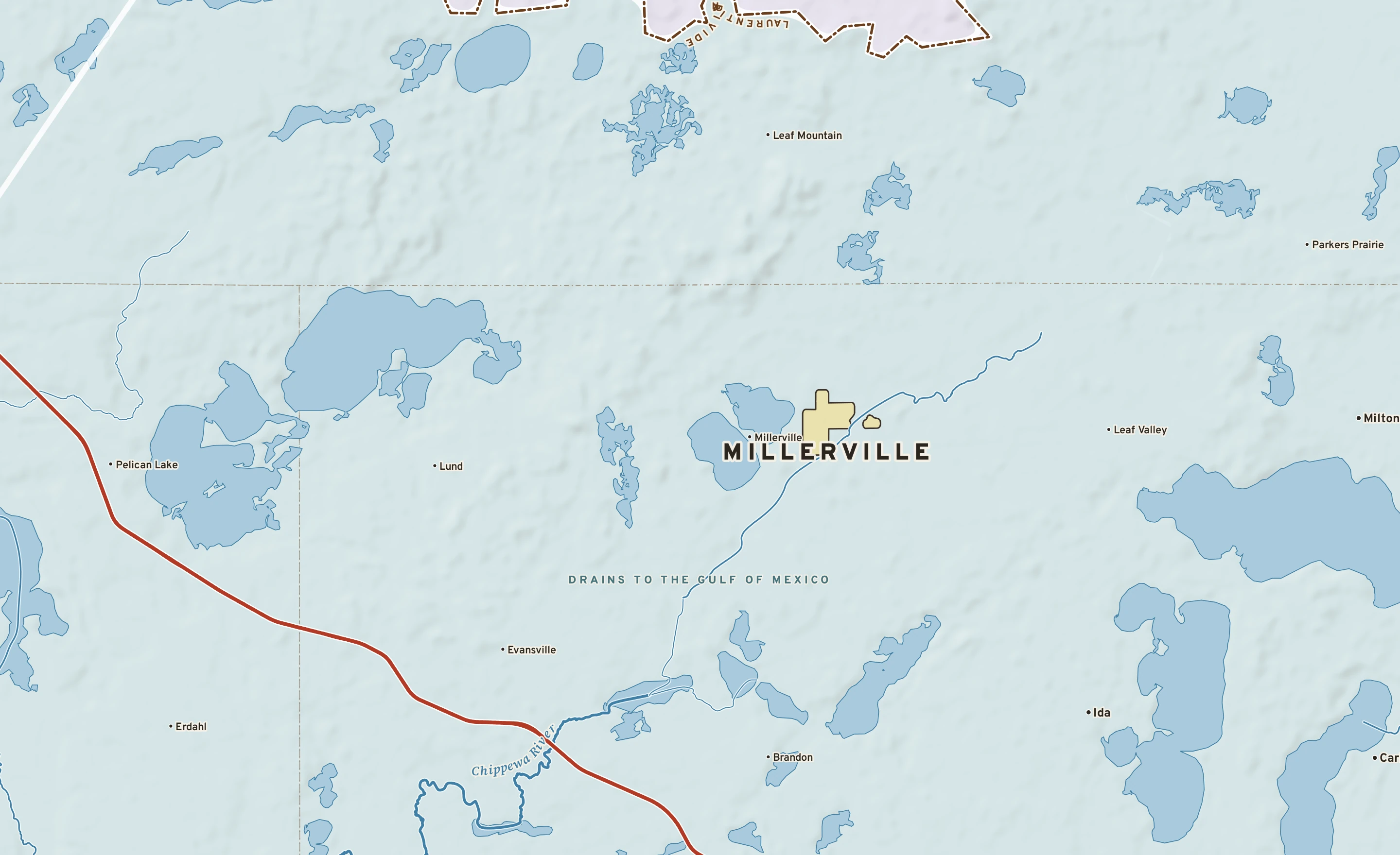 Shaded-relief atlas plate of Millerville, Minnesota: rivers, roads, the city limits and where the water drains.
