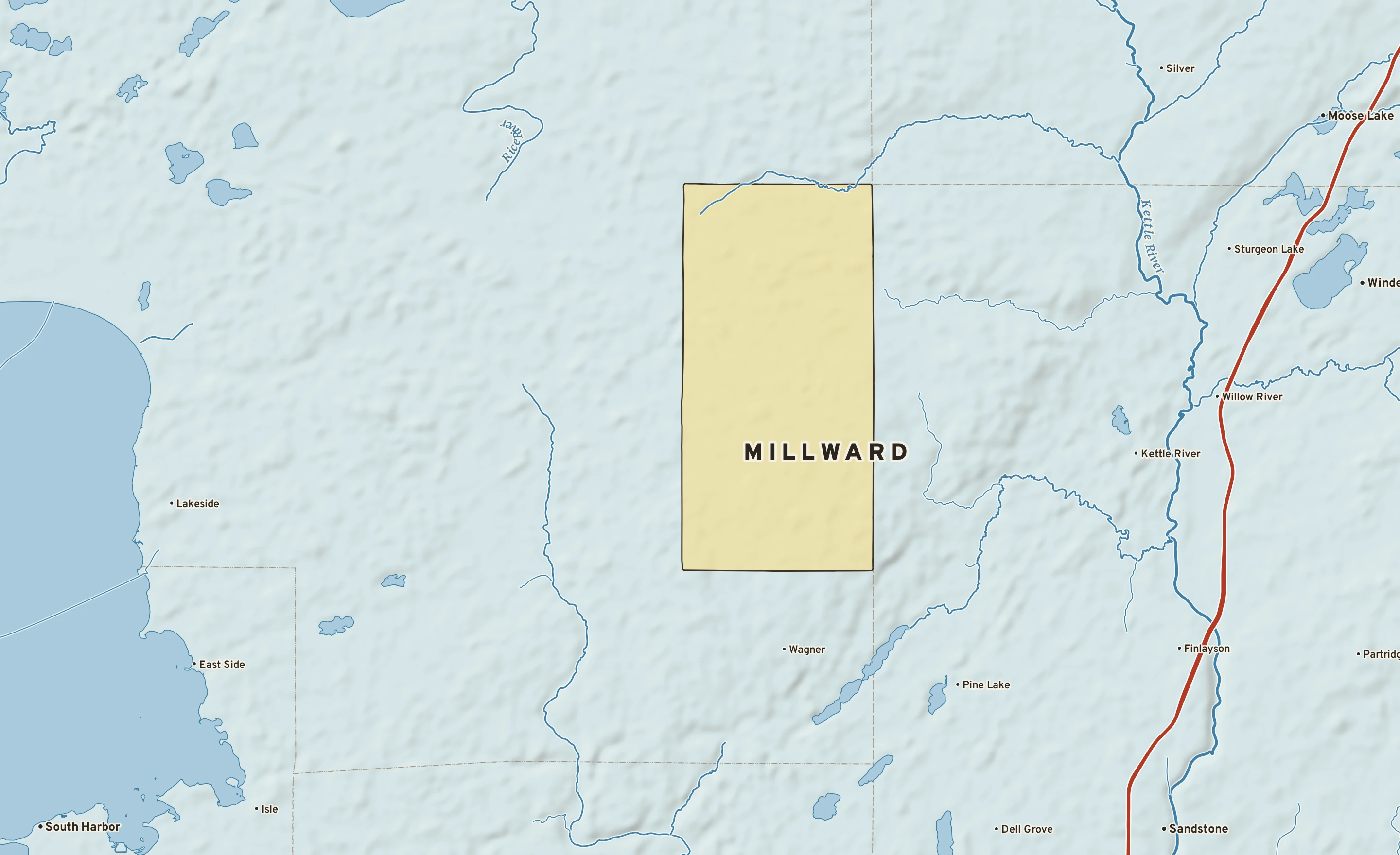 Shaded-relief atlas plate of Millward, Minnesota: rivers, roads, the city limits and where the water drains.