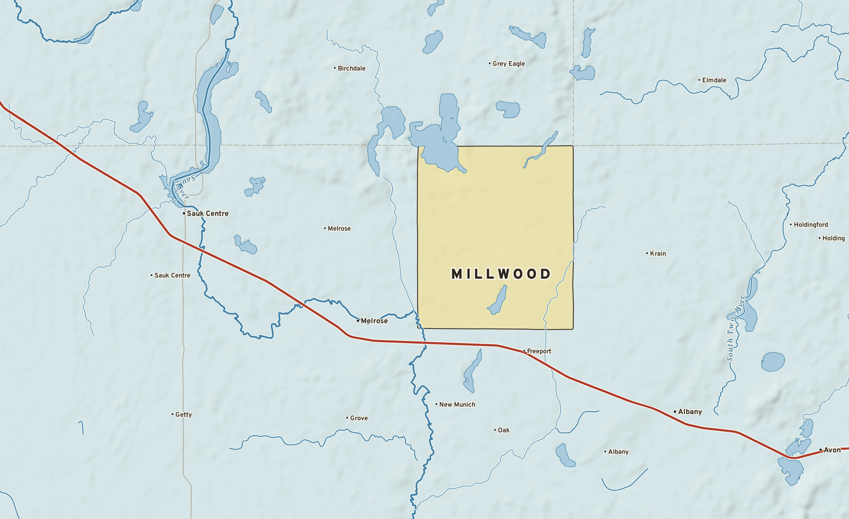 Shaded-relief atlas plate of Millwood, Minnesota: rivers, roads, the city limits and where the water drains.