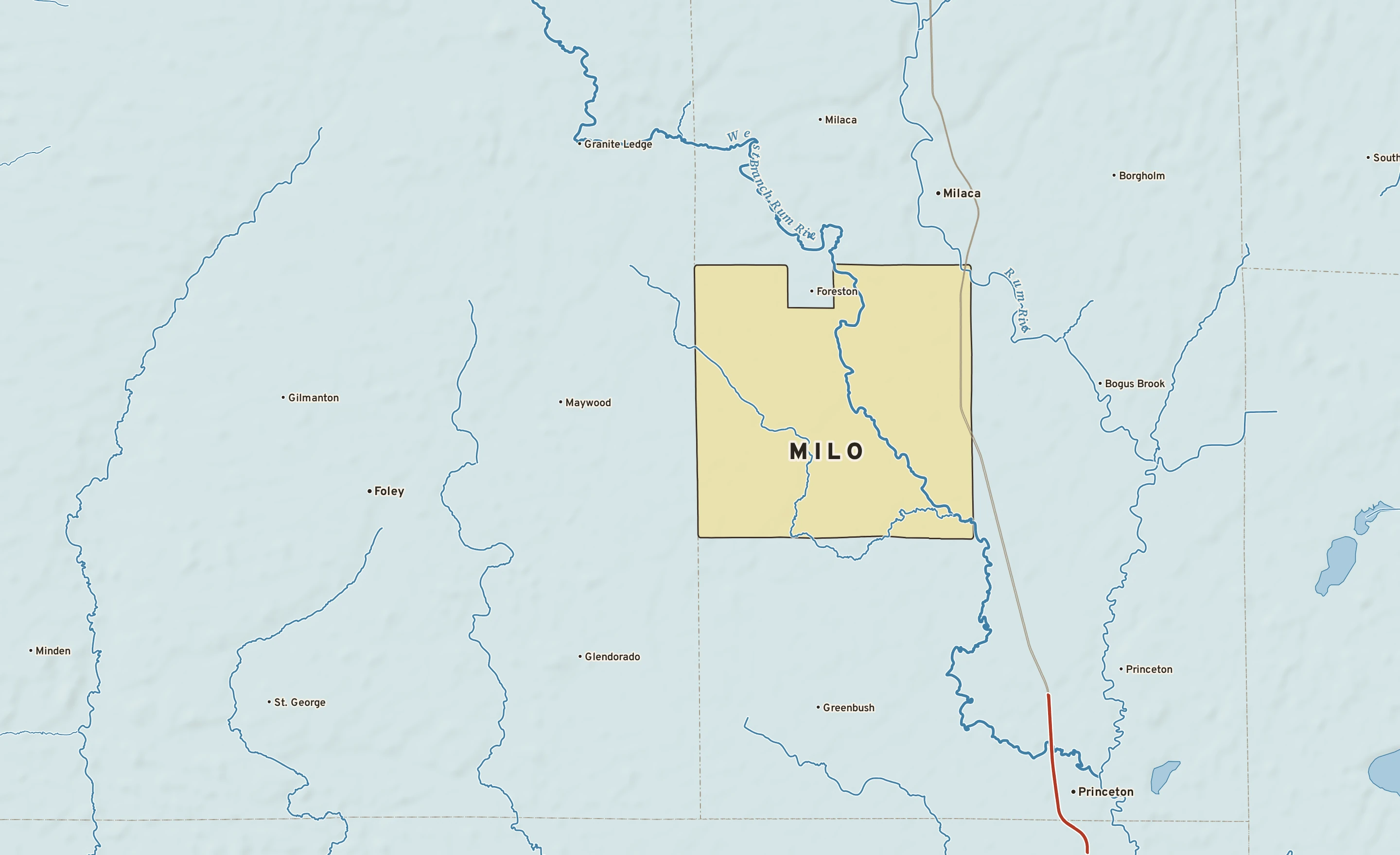 Shaded-relief atlas plate of Milo, Minnesota: rivers, roads, the city limits and where the water drains.