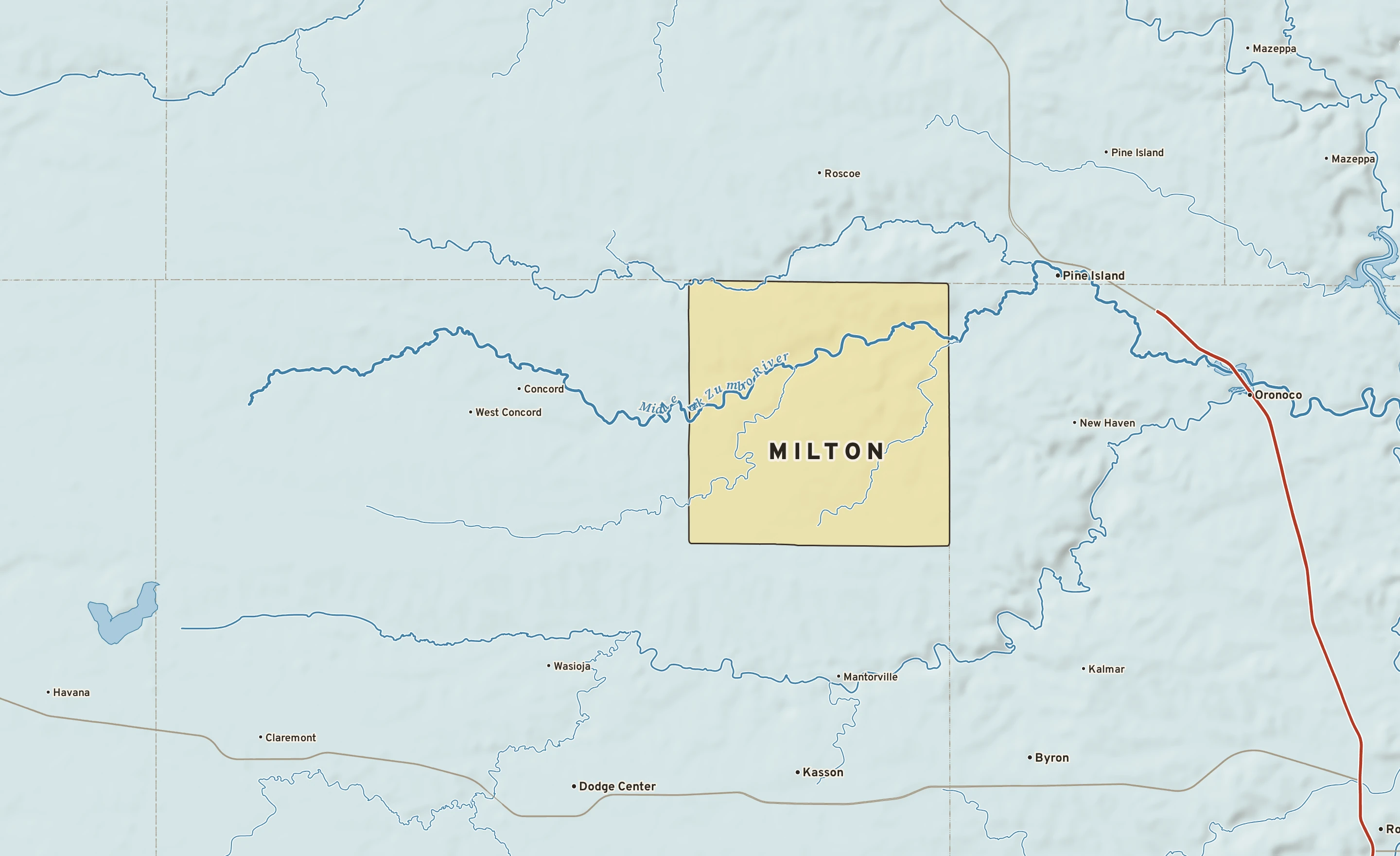 Shaded-relief atlas plate of Milton, Minnesota: rivers, roads, the city limits and where the water drains.
