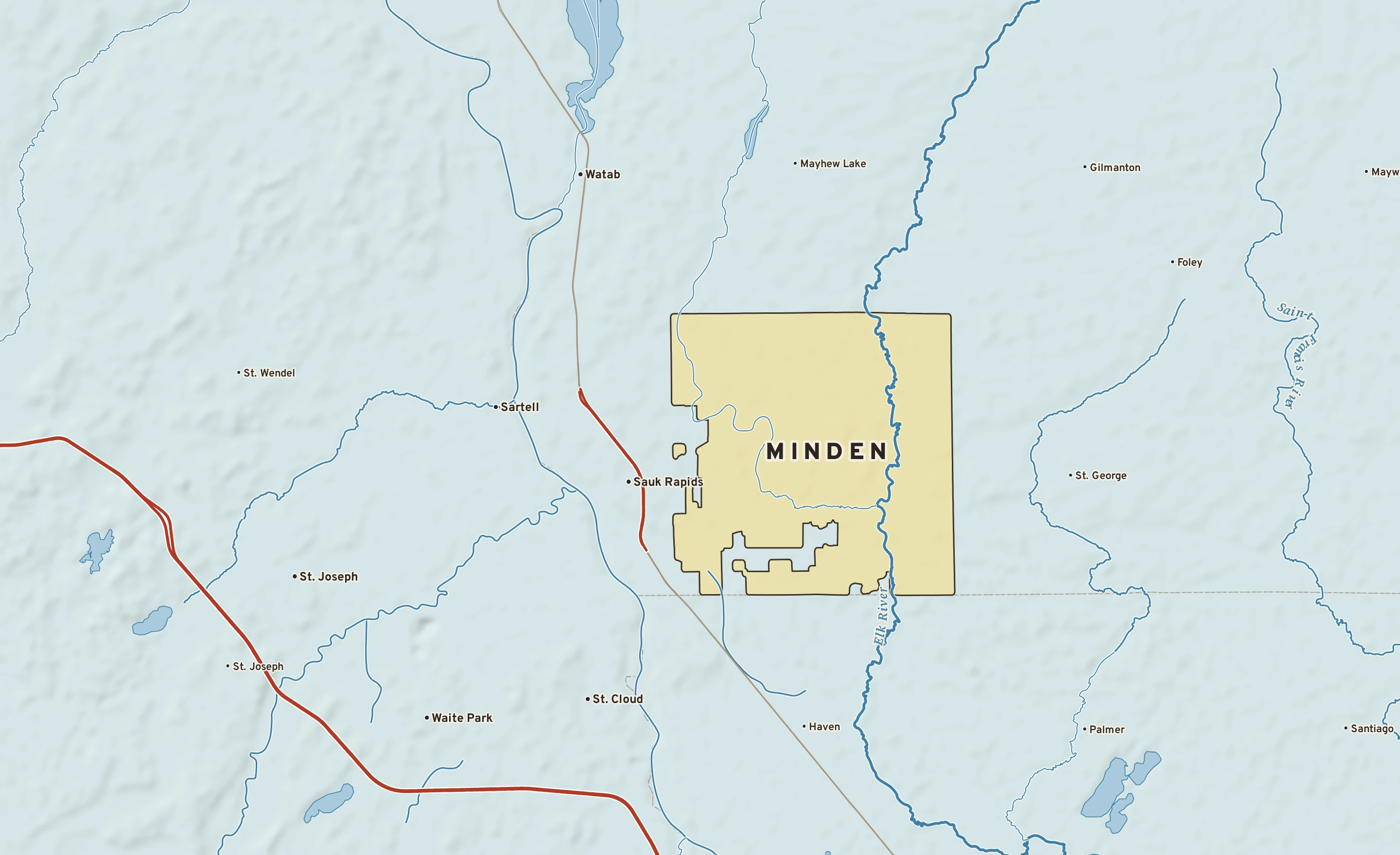 Shaded-relief atlas plate of Minden, Minnesota: rivers, roads, the city limits and where the water drains.