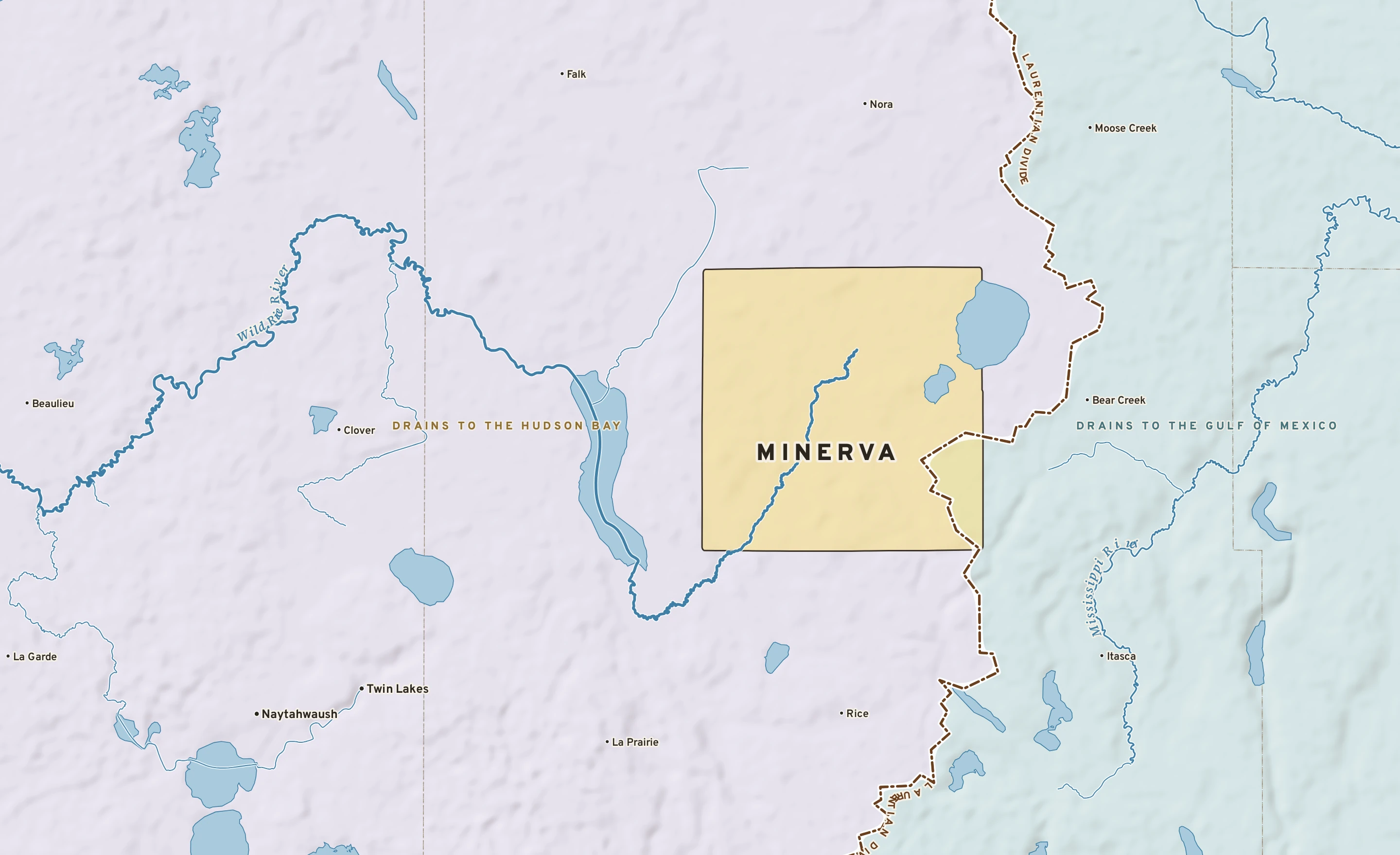Shaded-relief atlas plate of Minerva, Minnesota: rivers, roads, the city limits and where the water drains.