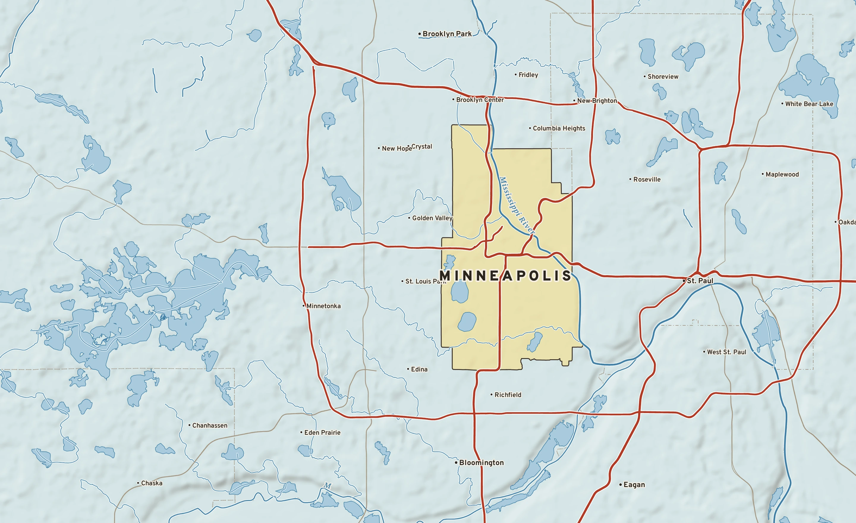 Shaded-relief atlas plate of Minneapolis, Minnesota: rivers, roads, the city limits and where the water drains.