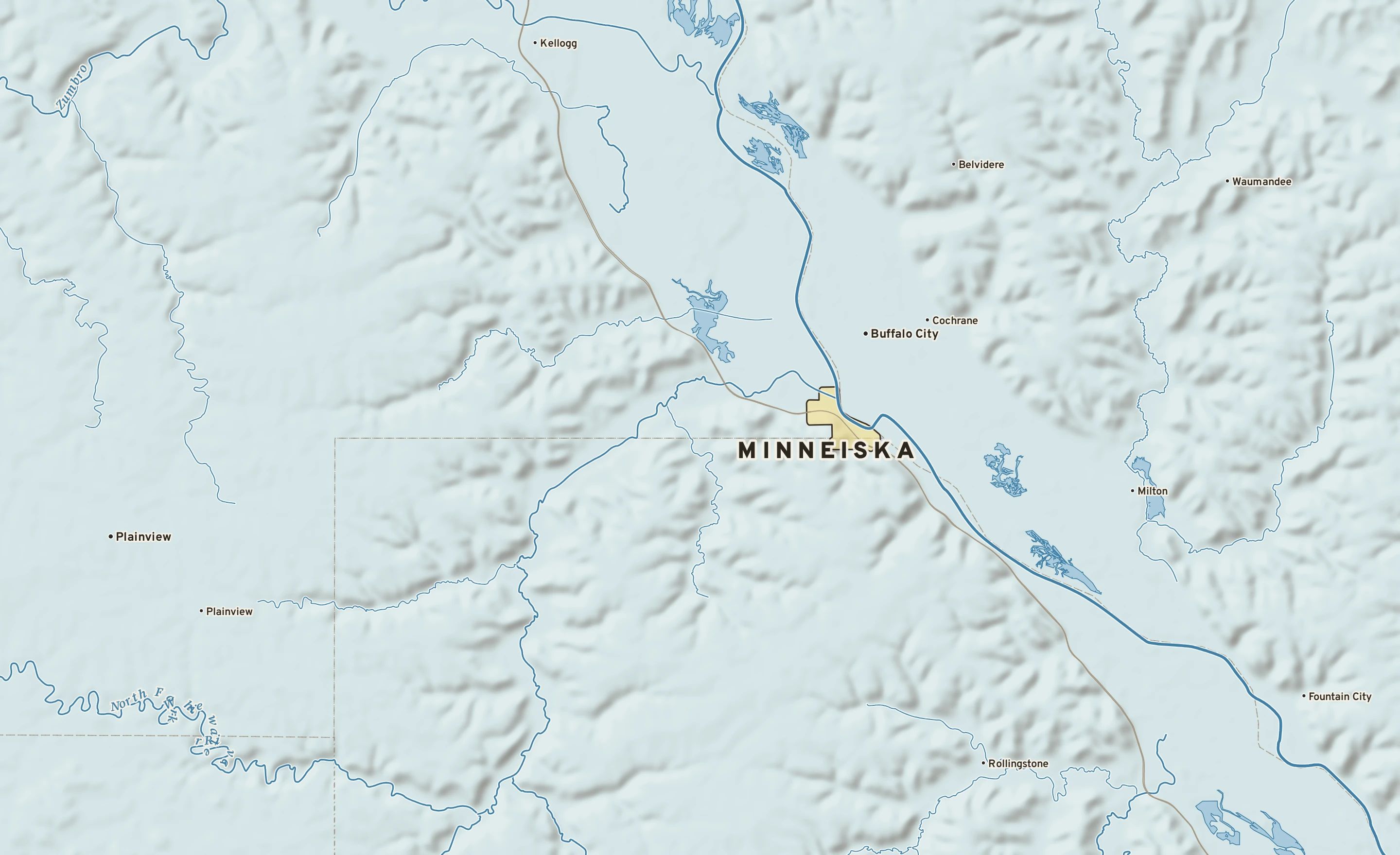 Shaded-relief atlas plate of Minneiska, Minnesota: rivers, roads, the city limits and where the water drains.