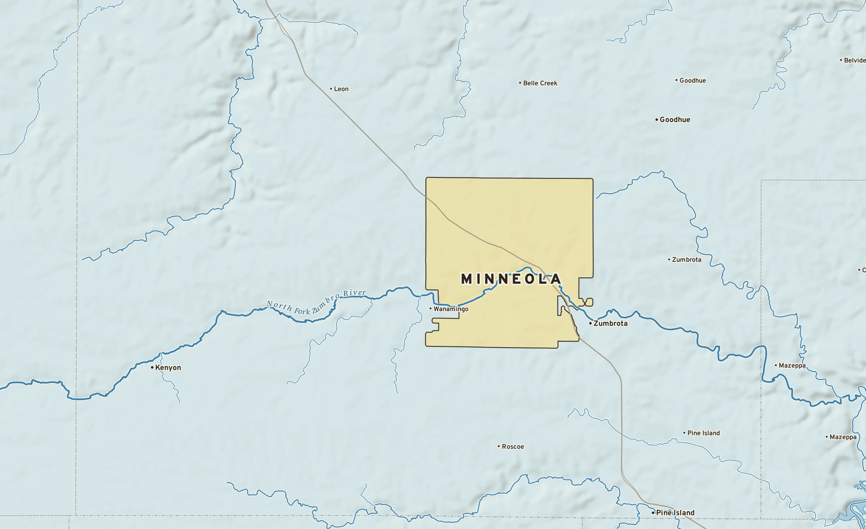 Shaded-relief atlas plate of Minneola, Minnesota: rivers, roads, the city limits and where the water drains.