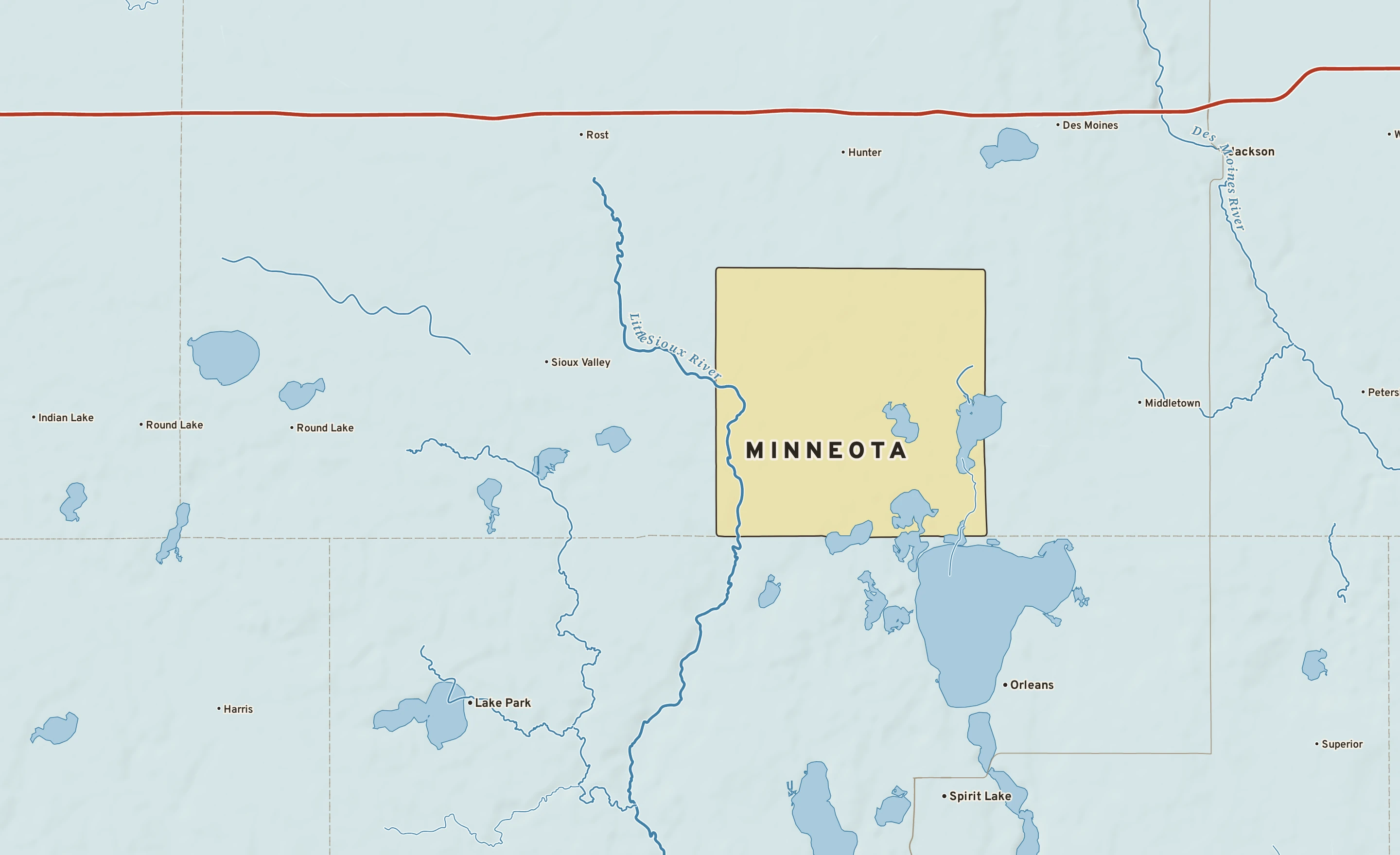 Shaded-relief atlas plate of Minneota, Minnesota: rivers, roads, the city limits and where the water drains.