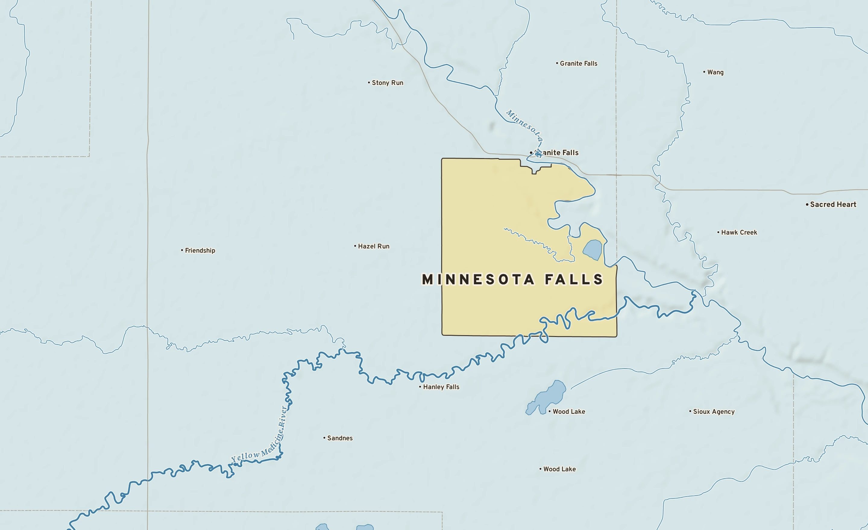 Shaded-relief atlas plate of Minnesota Falls, Minnesota: rivers, roads, the city limits and where the water drains.