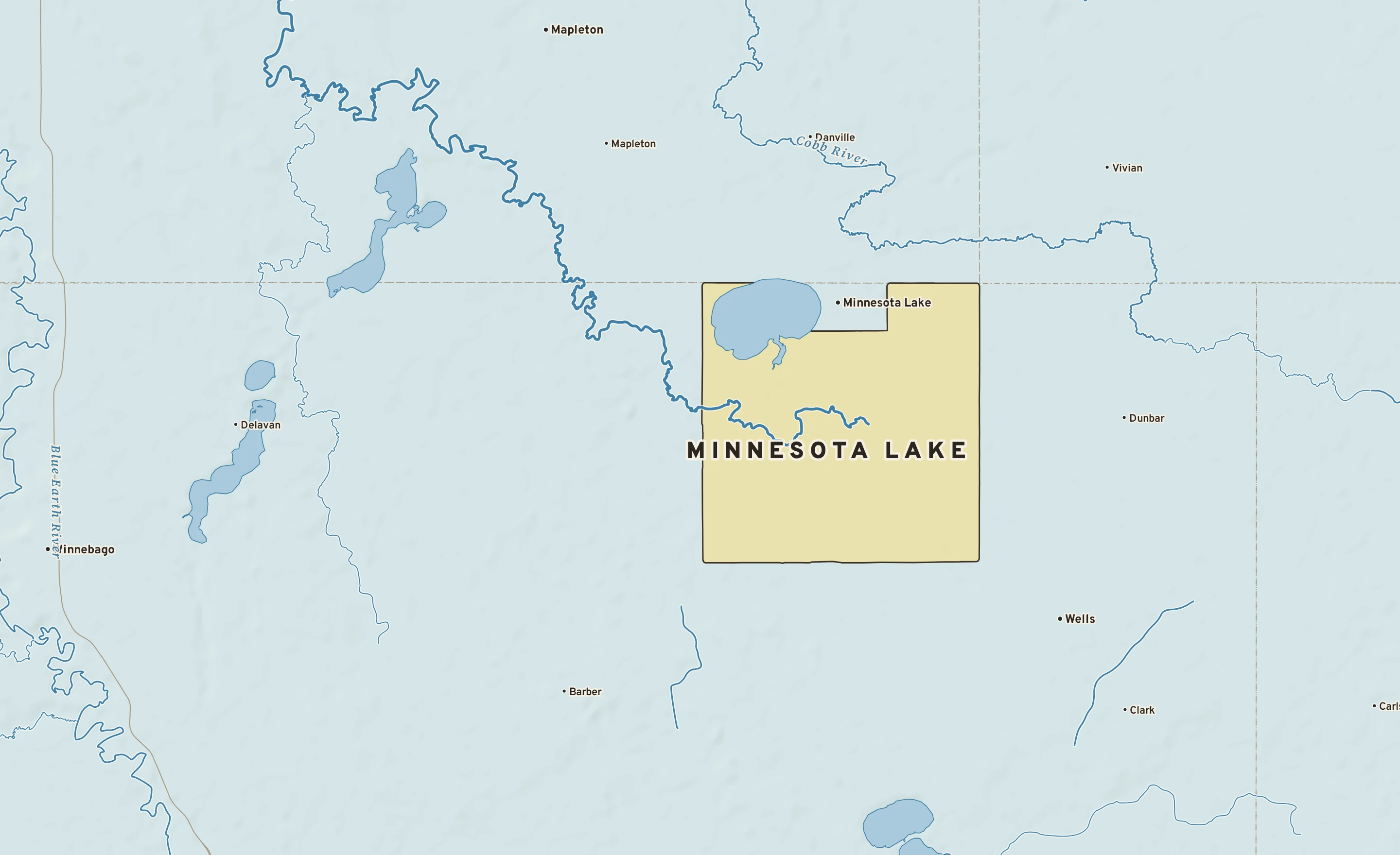 Shaded-relief atlas plate of Minnesota Lake, Minnesota: rivers, roads, the city limits and where the water drains.