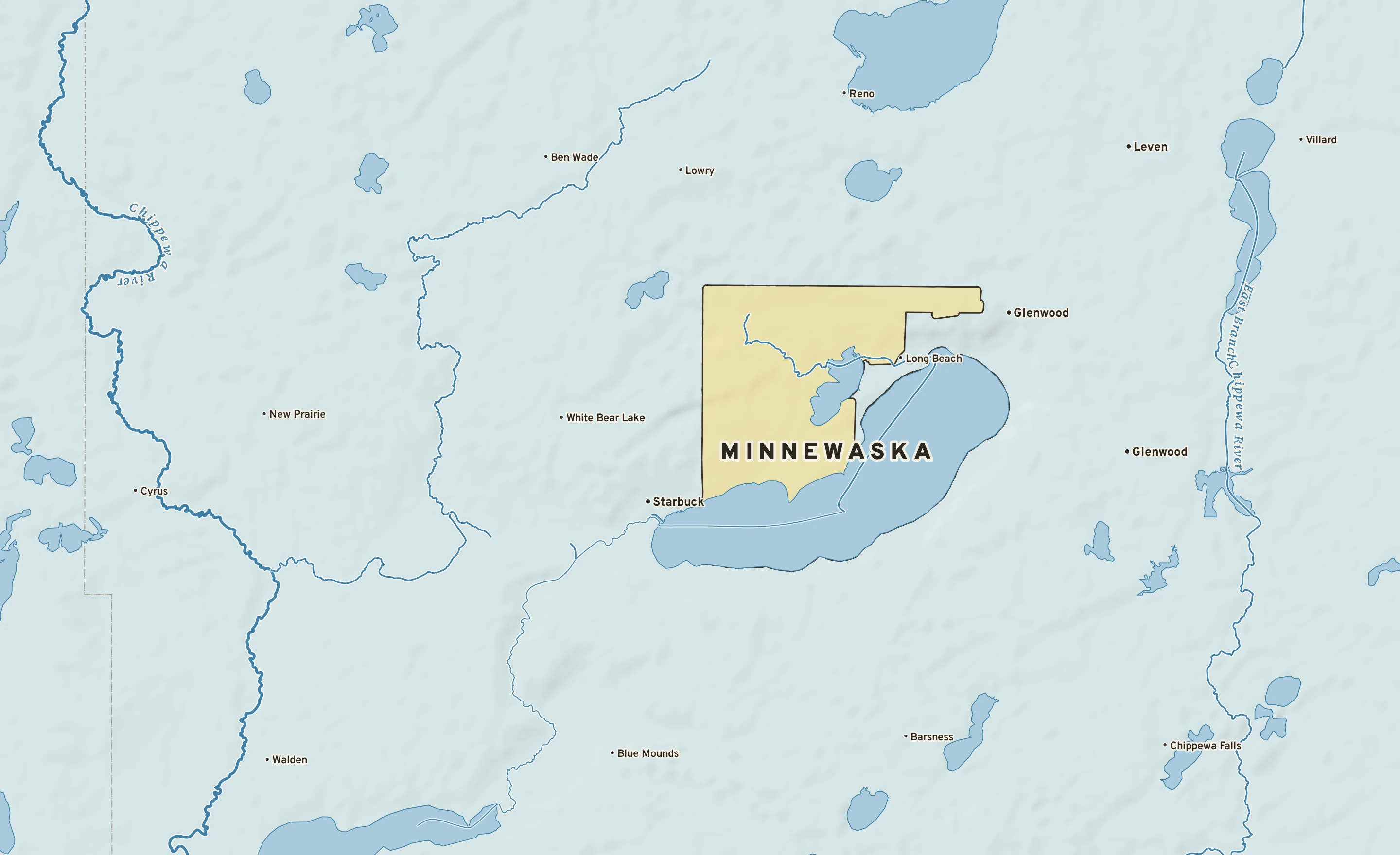 Shaded-relief atlas plate of Minnewaska, Minnesota: rivers, roads, the city limits and where the water drains.