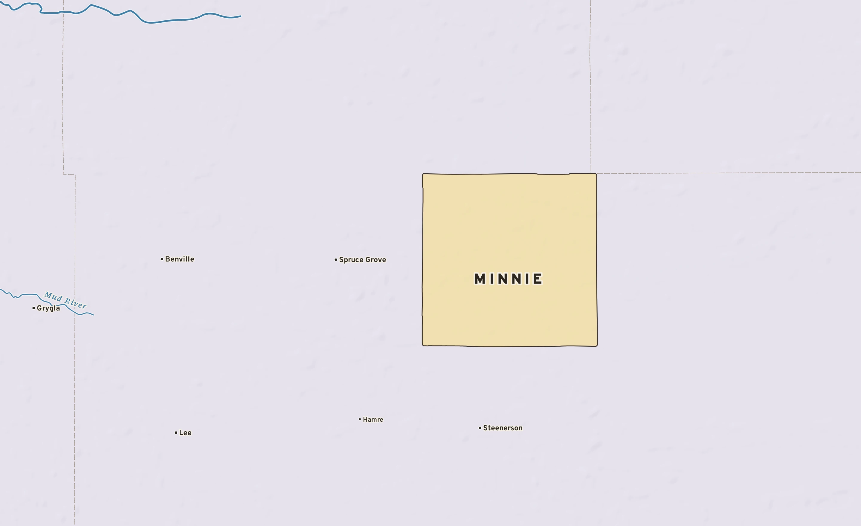 Shaded-relief atlas plate of Minnie, Minnesota: rivers, roads, the city limits and where the water drains.