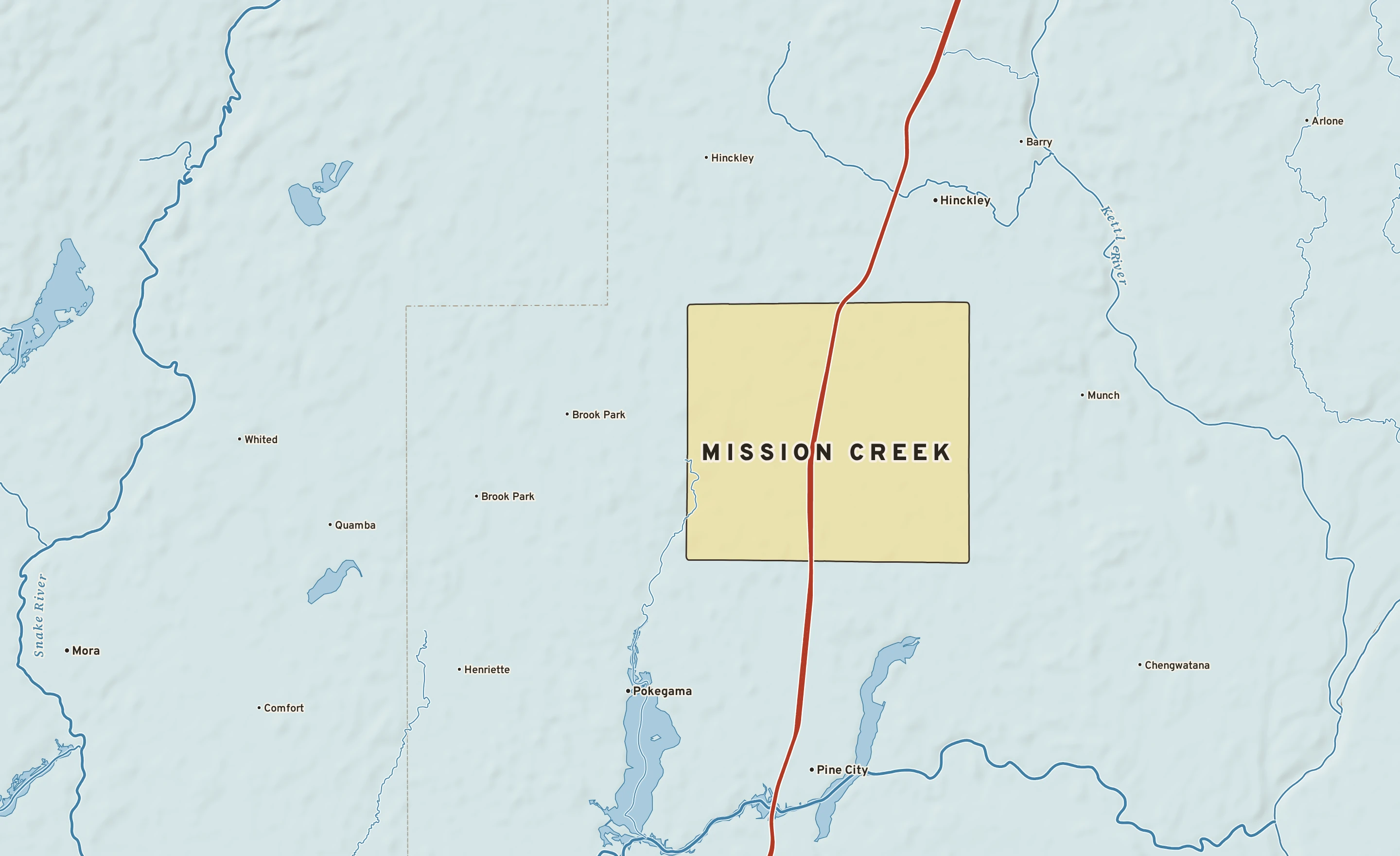 Shaded-relief atlas plate of Mission Creek, Minnesota: rivers, roads, the city limits and where the water drains.
