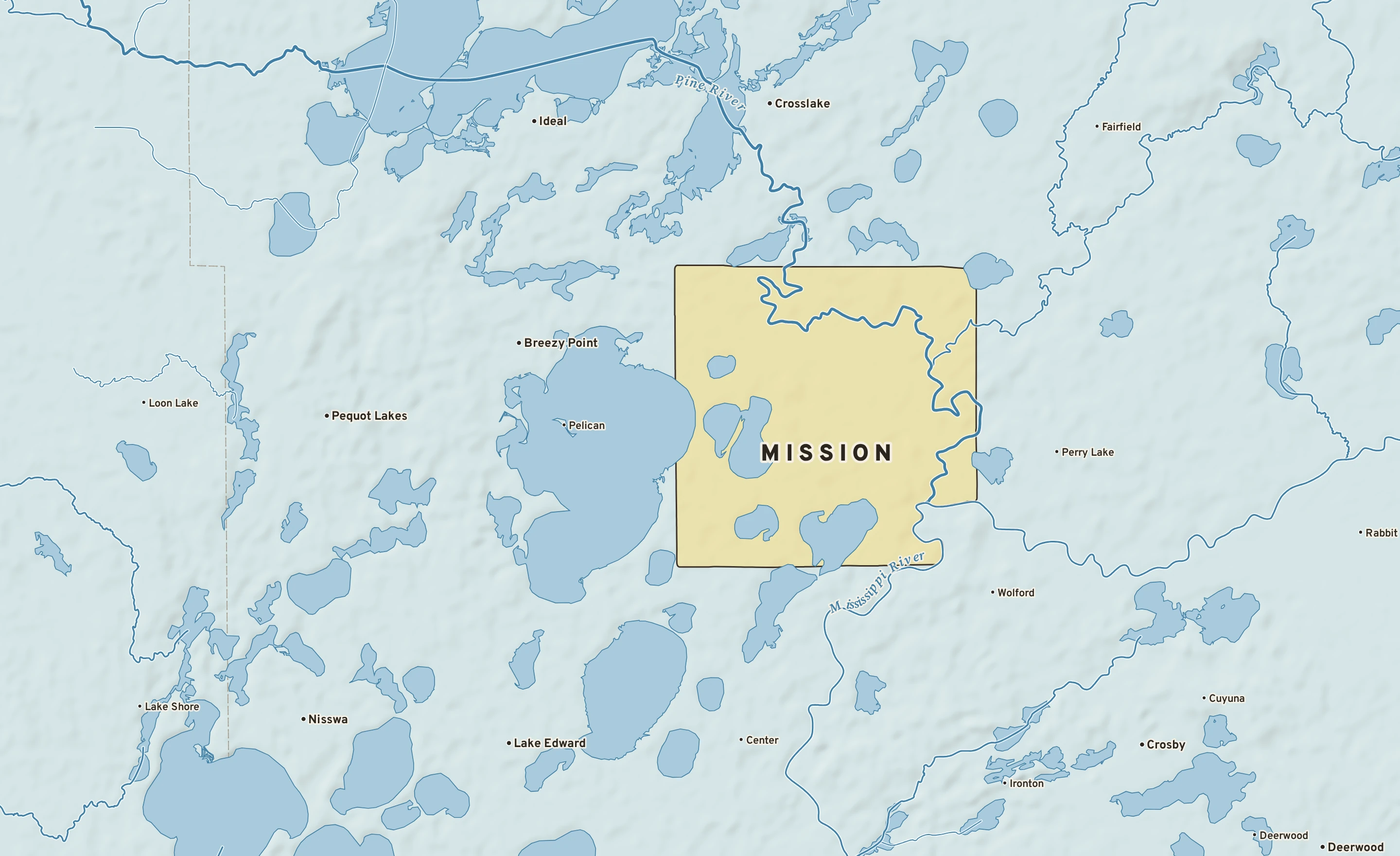 Shaded-relief atlas plate of Mission, Minnesota: rivers, roads, the city limits and where the water drains.