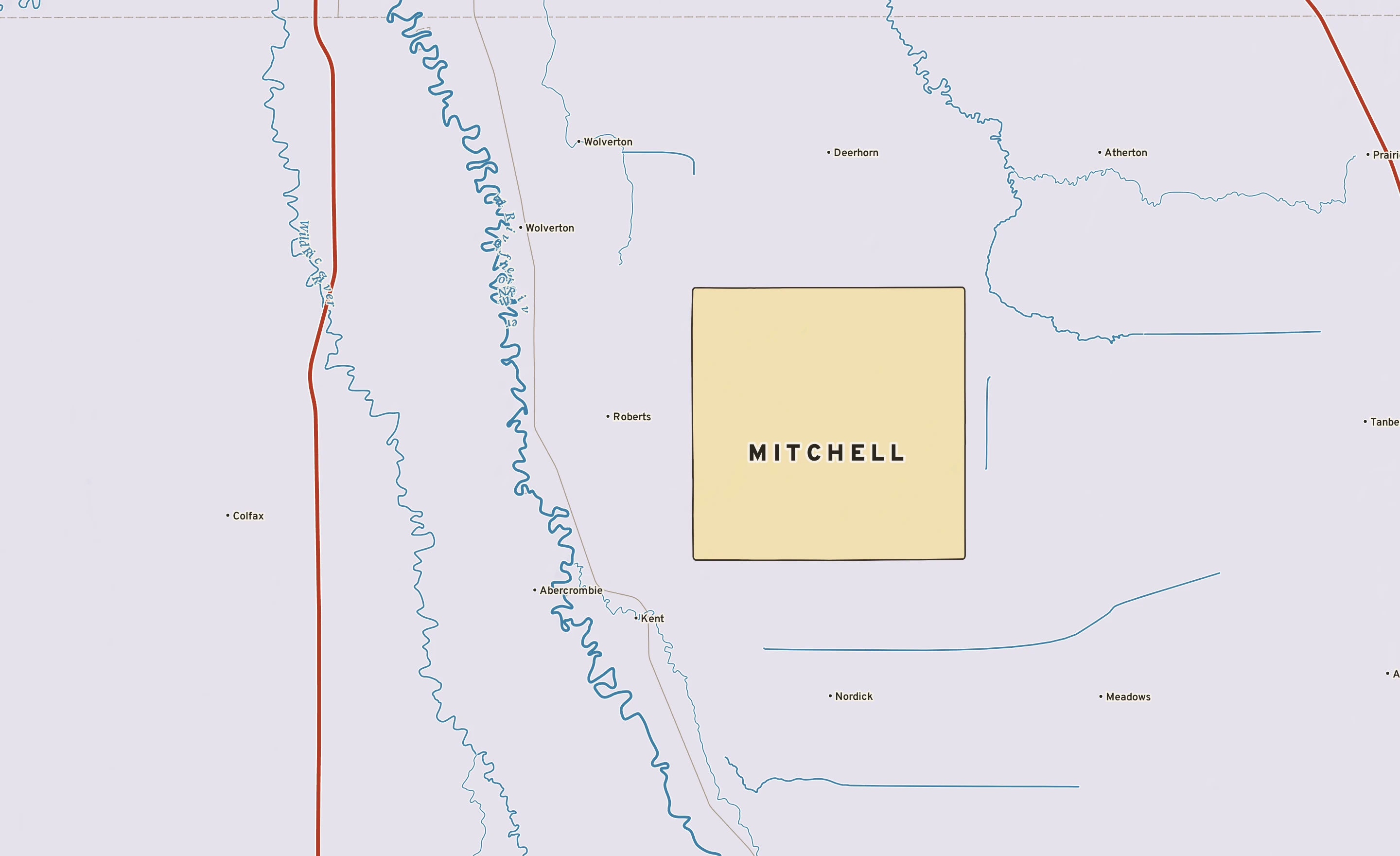 Shaded-relief atlas plate of Mitchell, Minnesota: rivers, roads, the city limits and where the water drains.