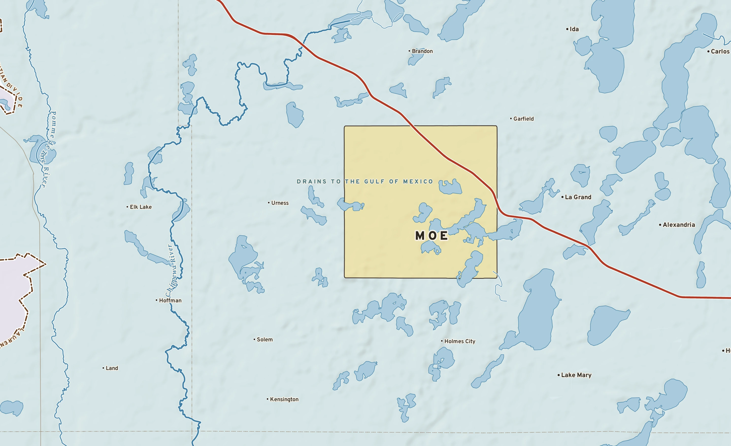 Shaded-relief atlas plate of Moe, Minnesota: rivers, roads, the city limits and where the water drains.