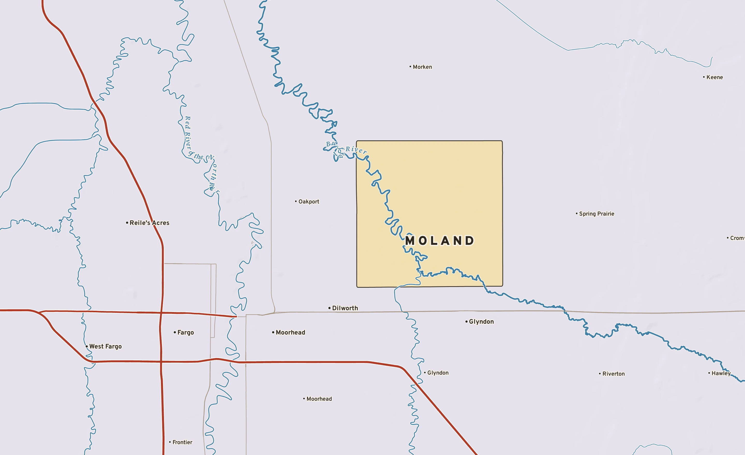 Shaded-relief atlas plate of Moland, Minnesota: rivers, roads, the city limits and where the water drains.
