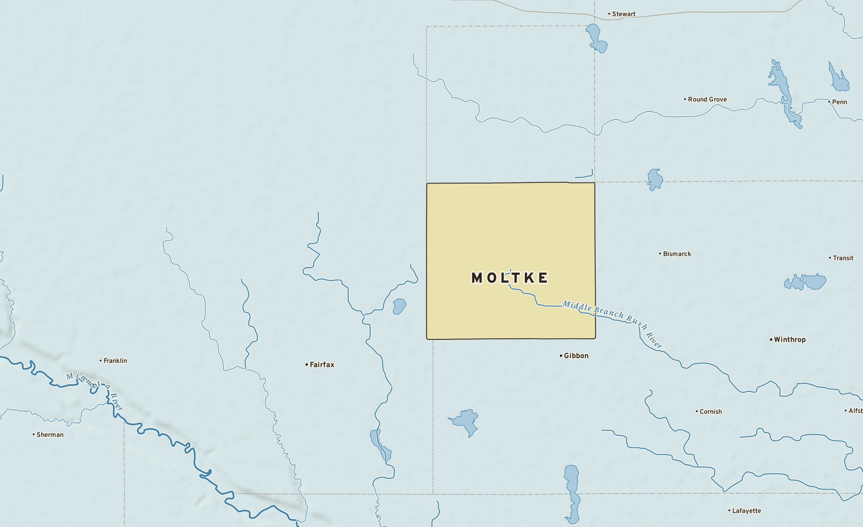 Shaded-relief atlas plate of Moltke, Minnesota: rivers, roads, the city limits and where the water drains.