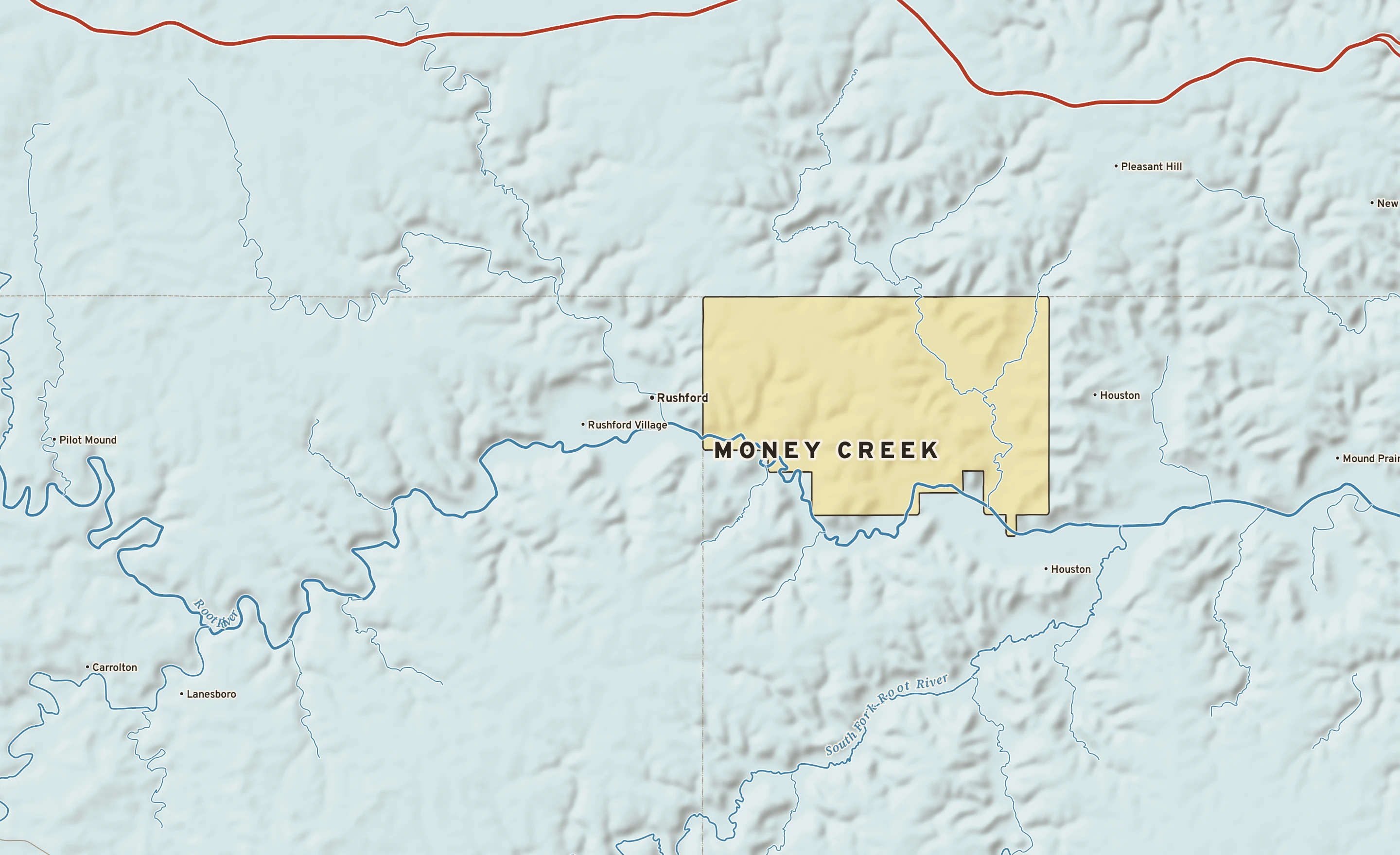 Shaded-relief atlas plate of Money Creek, Minnesota: rivers, roads, the city limits and where the water drains.