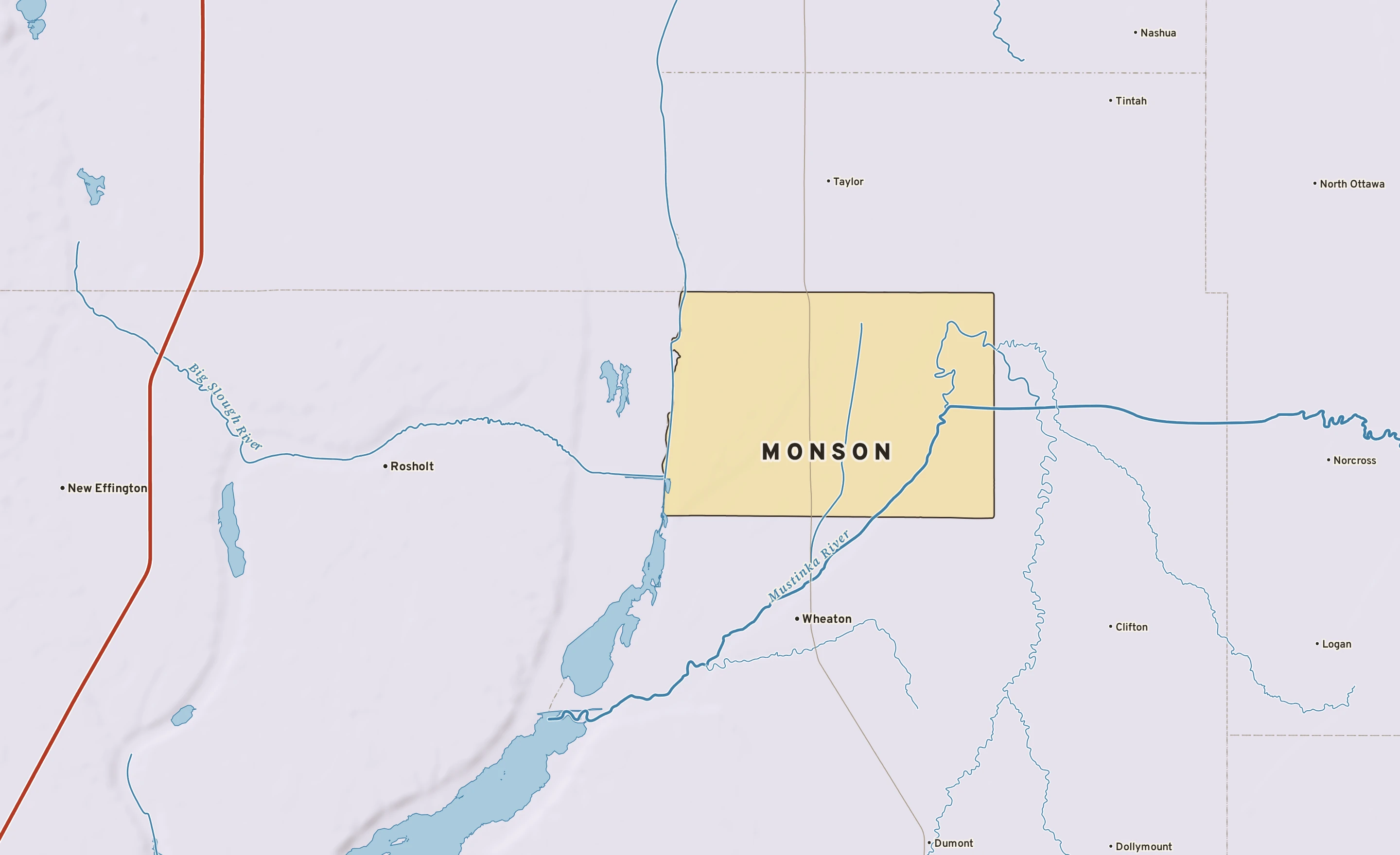 Shaded-relief atlas plate of Monson, Minnesota: rivers, roads, the city limits and where the water drains.