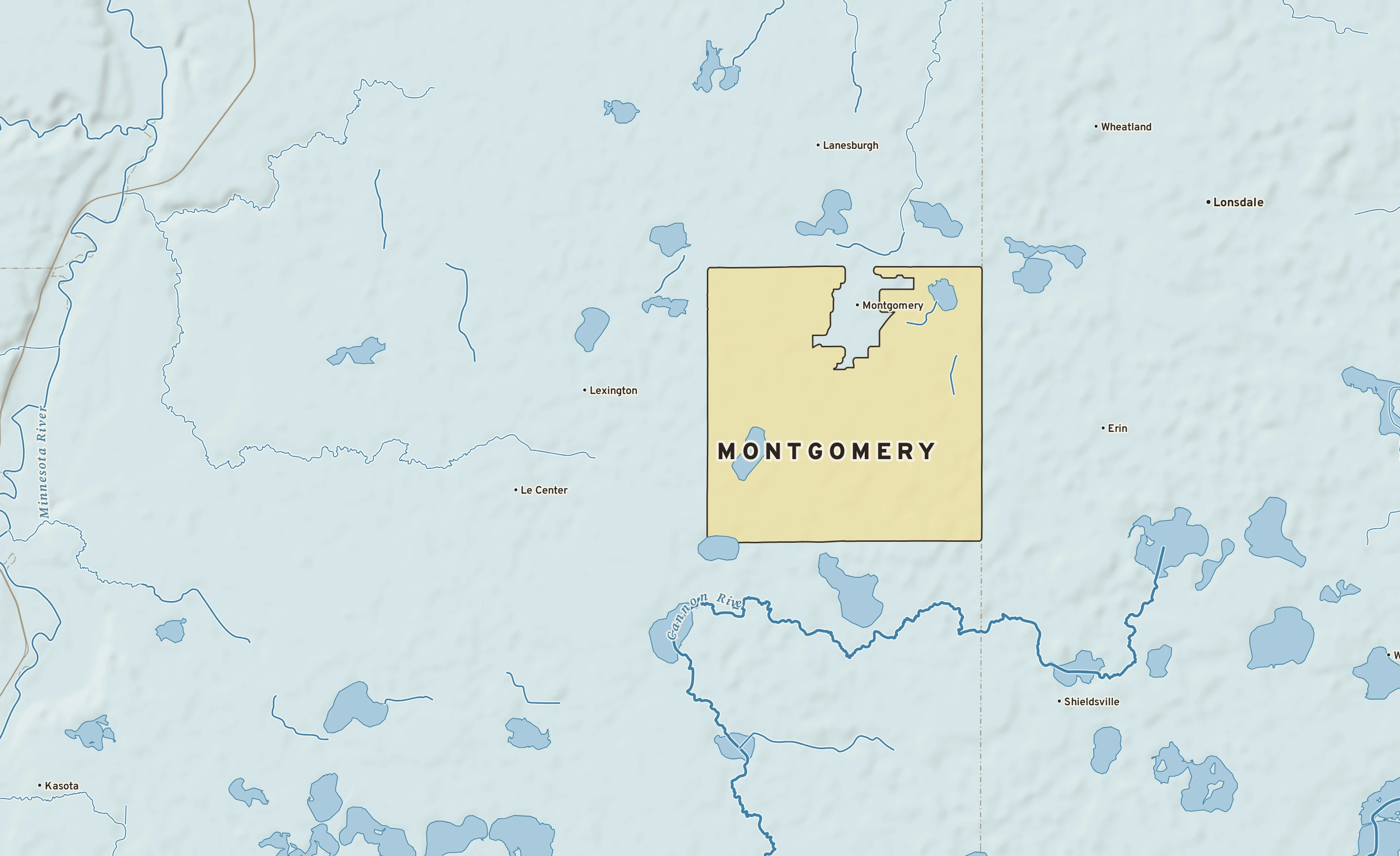 Shaded-relief atlas plate of Montgomery, Minnesota: rivers, roads, the city limits and where the water drains.