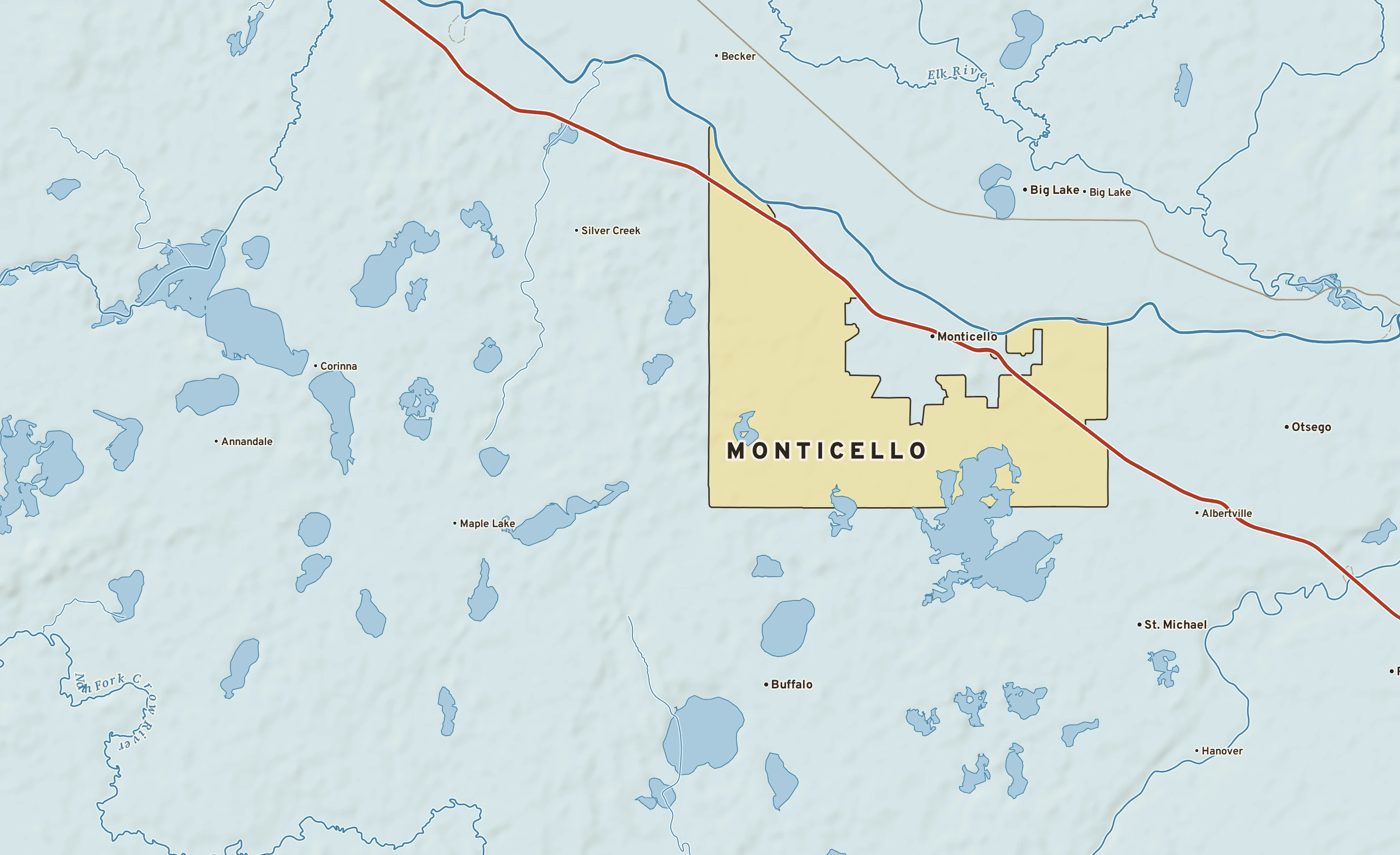 Shaded-relief atlas plate of Monticello, Minnesota: rivers, roads, the city limits and where the water drains.