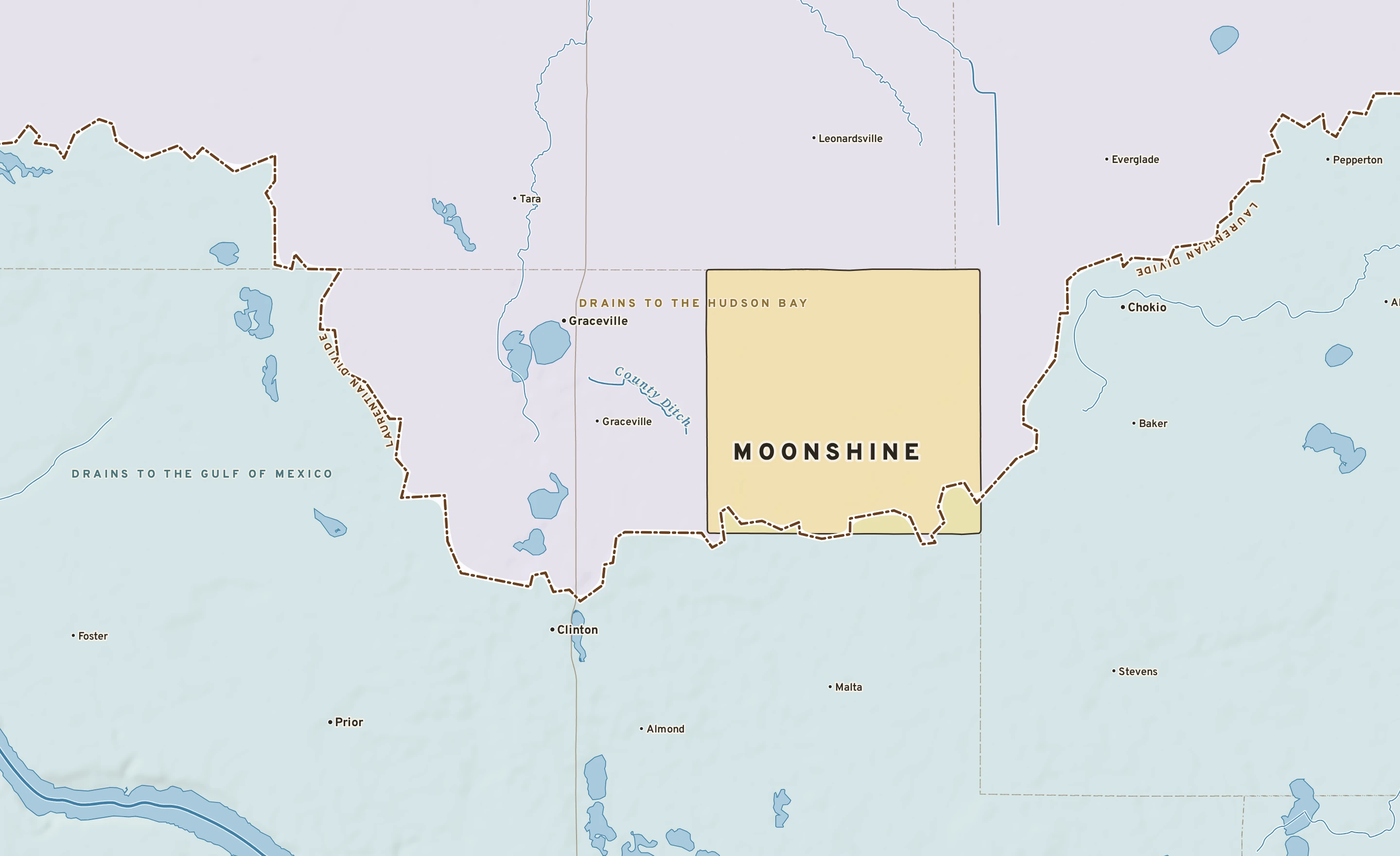 Shaded-relief atlas plate of Moonshine, Minnesota: rivers, roads, the city limits and where the water drains.