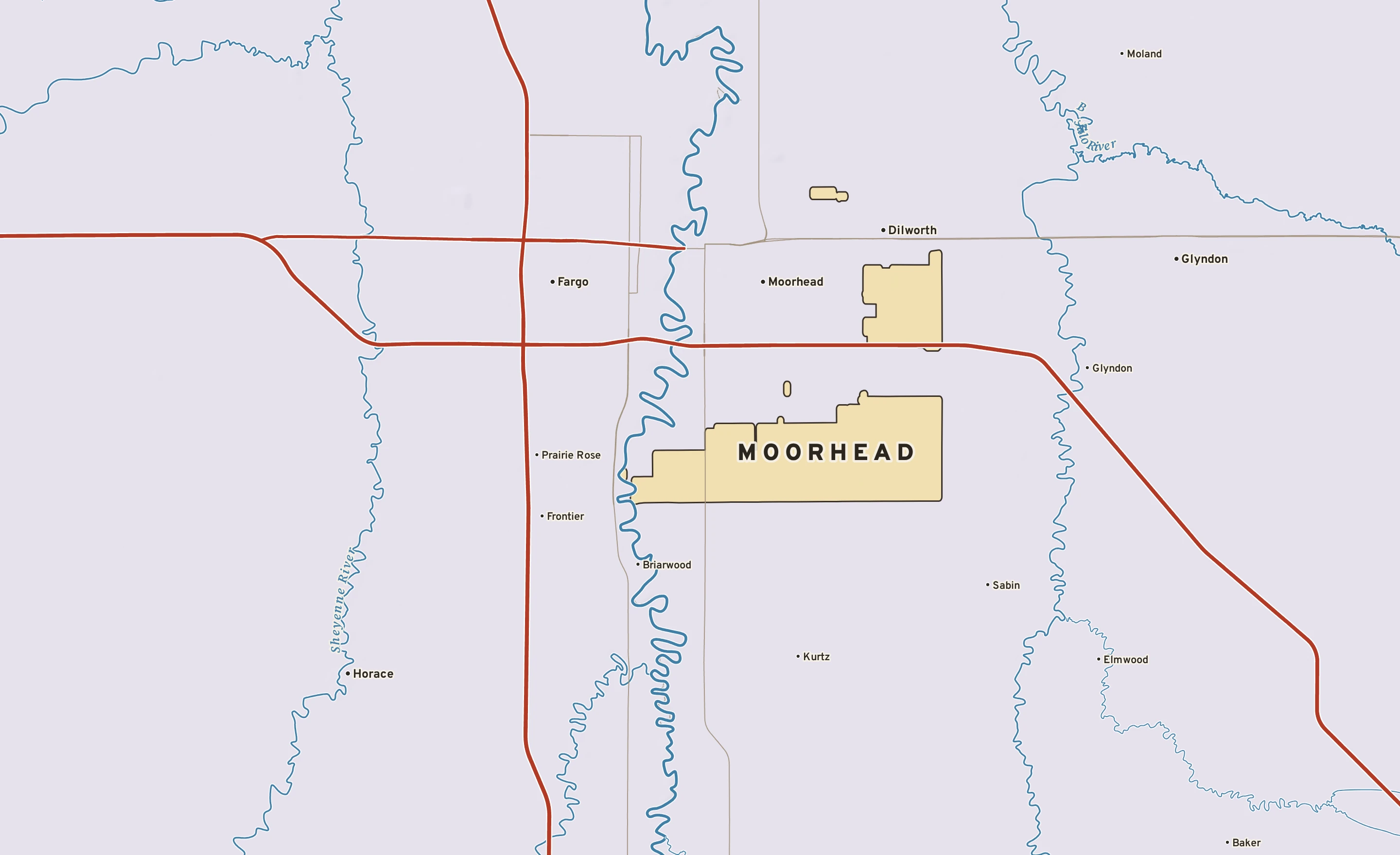 Shaded-relief atlas plate of Moorhead, Minnesota: rivers, roads, the city limits and where the water drains.