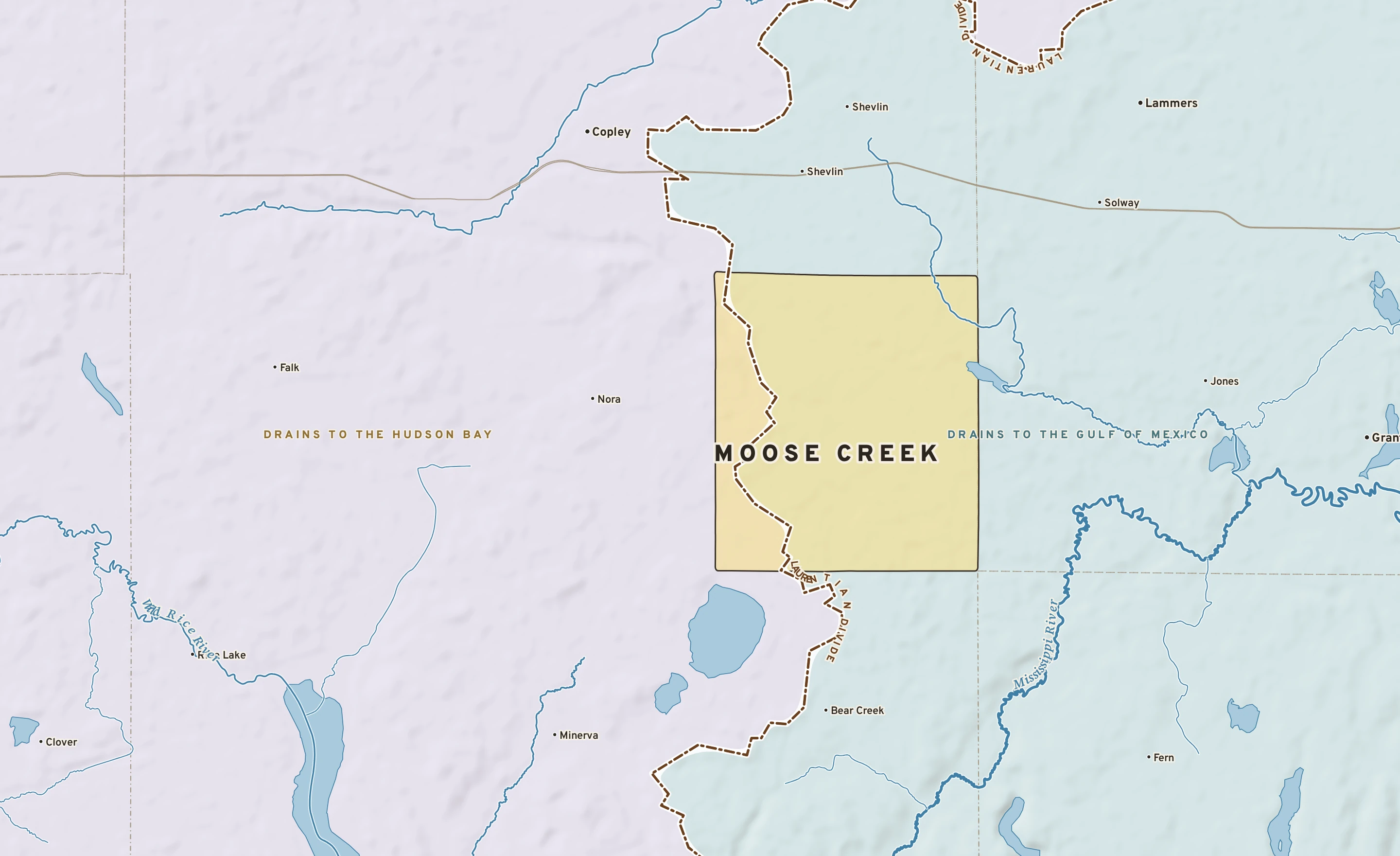 Shaded-relief atlas plate of Moose Creek, Minnesota: rivers, roads, the city limits and where the water drains.
