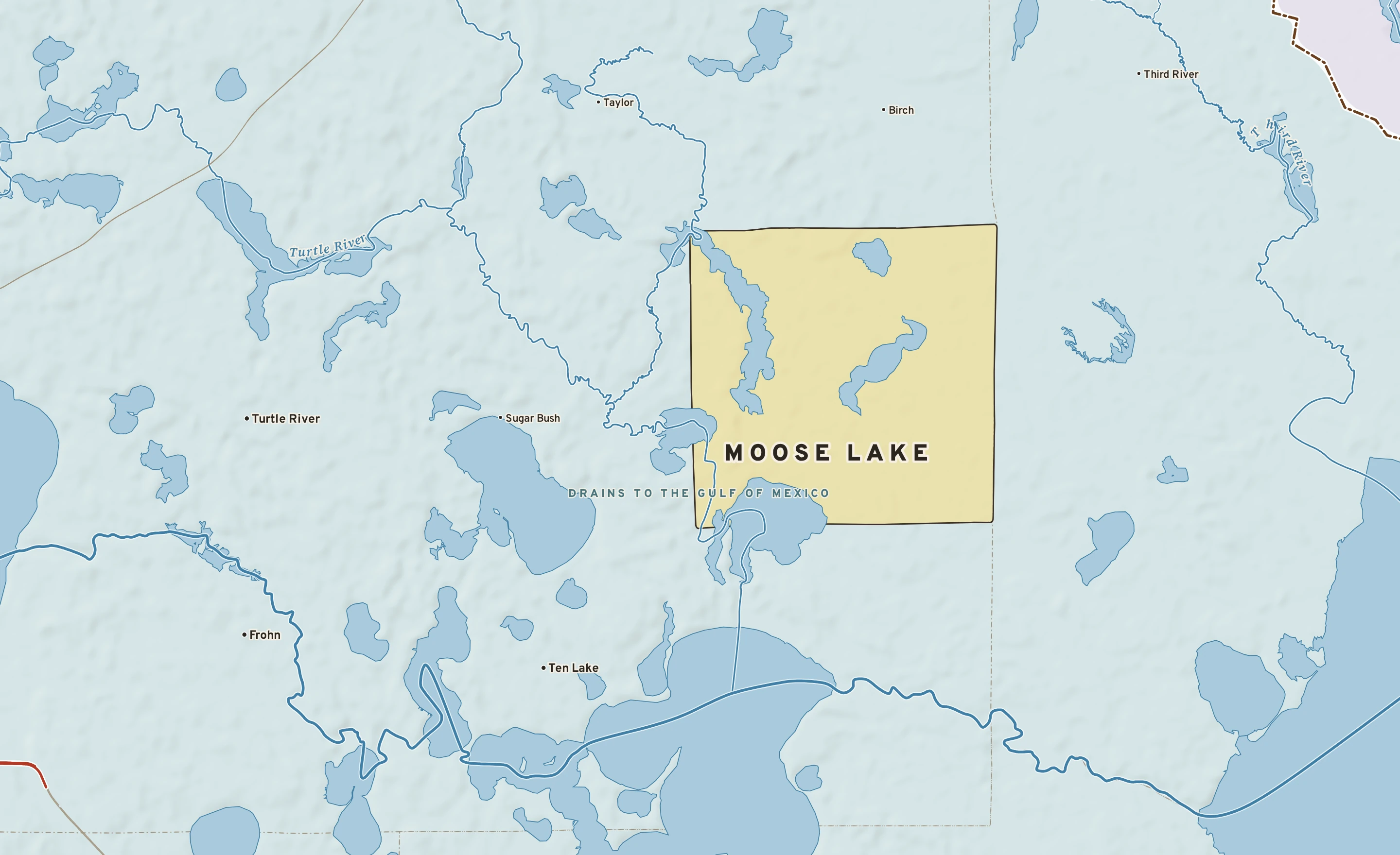 Shaded-relief atlas plate of Moose Lake, Minnesota: rivers, roads, the city limits and where the water drains.