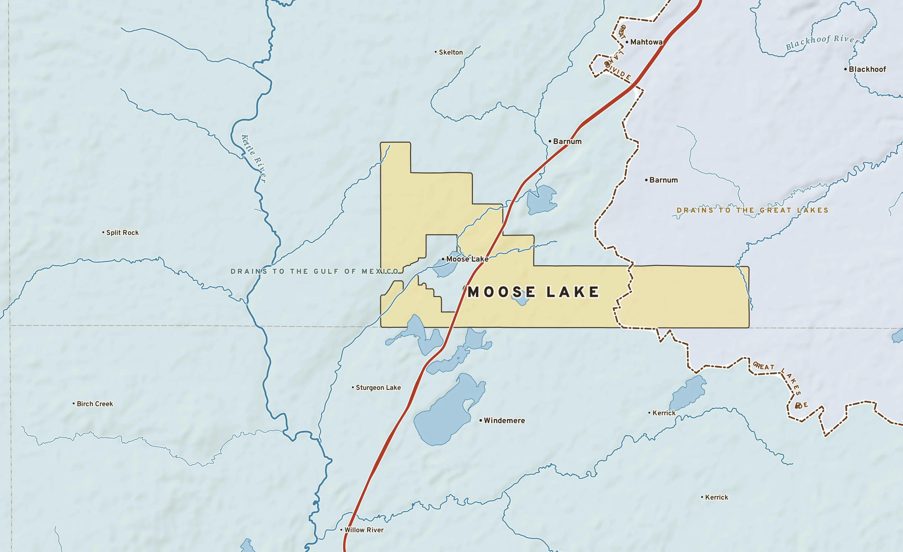 Shaded-relief atlas plate of Moose Lake, Minnesota: rivers, roads, the city limits and where the water drains.