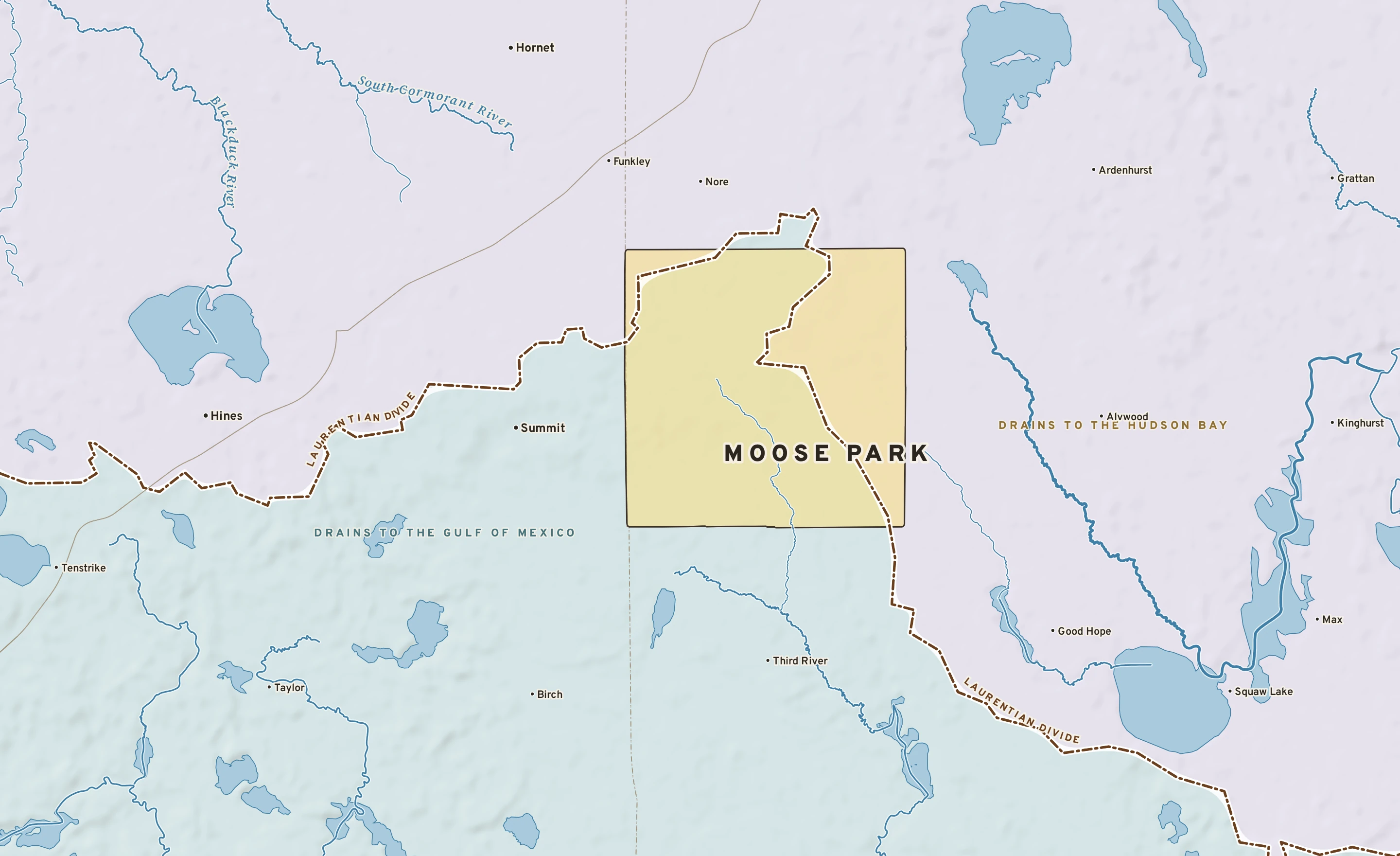 Shaded-relief atlas plate of Moose Park, Minnesota: rivers, roads, the city limits and where the water drains.