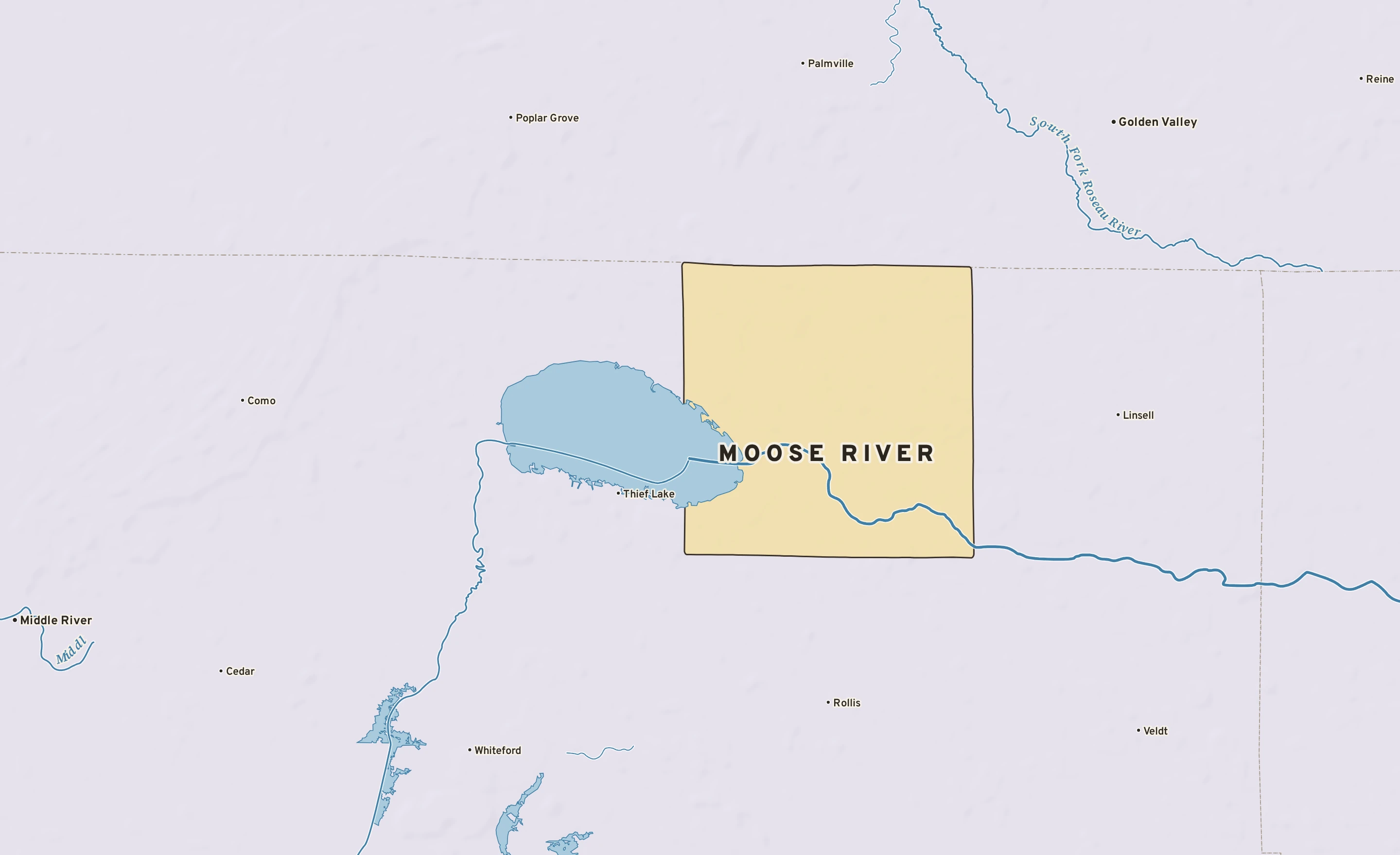 Shaded-relief atlas plate of Moose River, Minnesota: rivers, roads, the city limits and where the water drains.