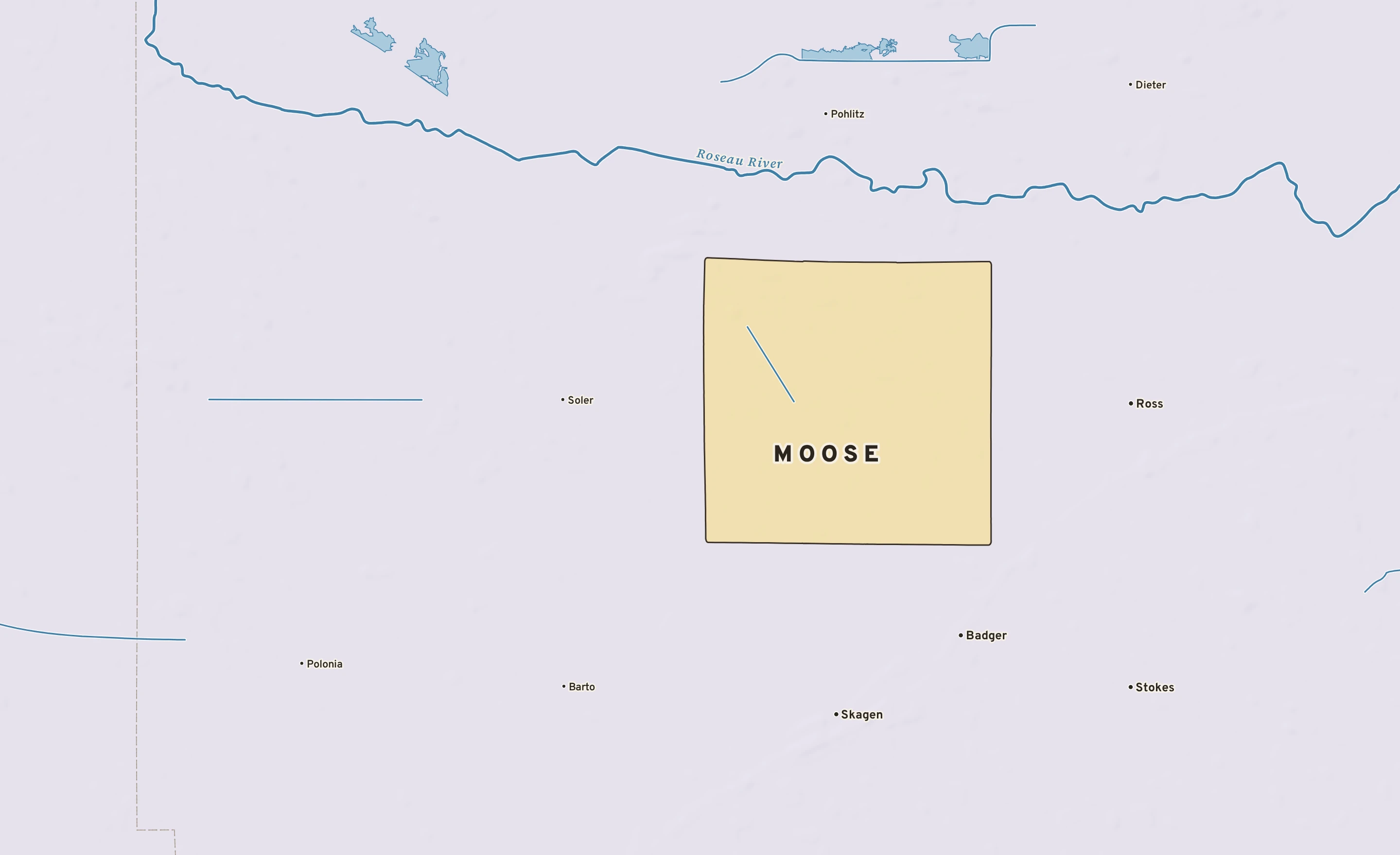 Shaded-relief atlas plate of Moose, Minnesota: rivers, roads, the city limits and where the water drains.