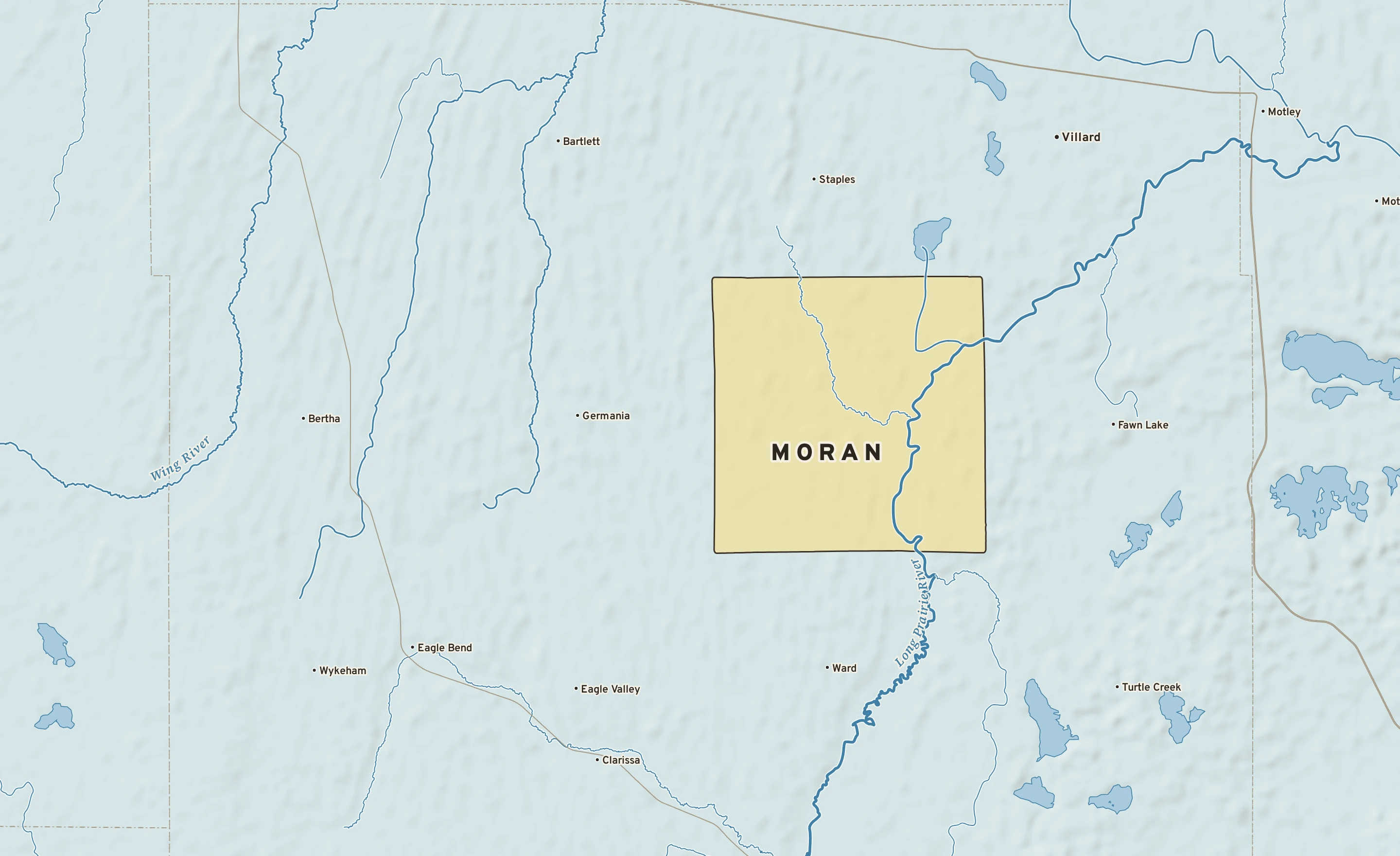 Shaded-relief atlas plate of Moran, Minnesota: rivers, roads, the city limits and where the water drains.