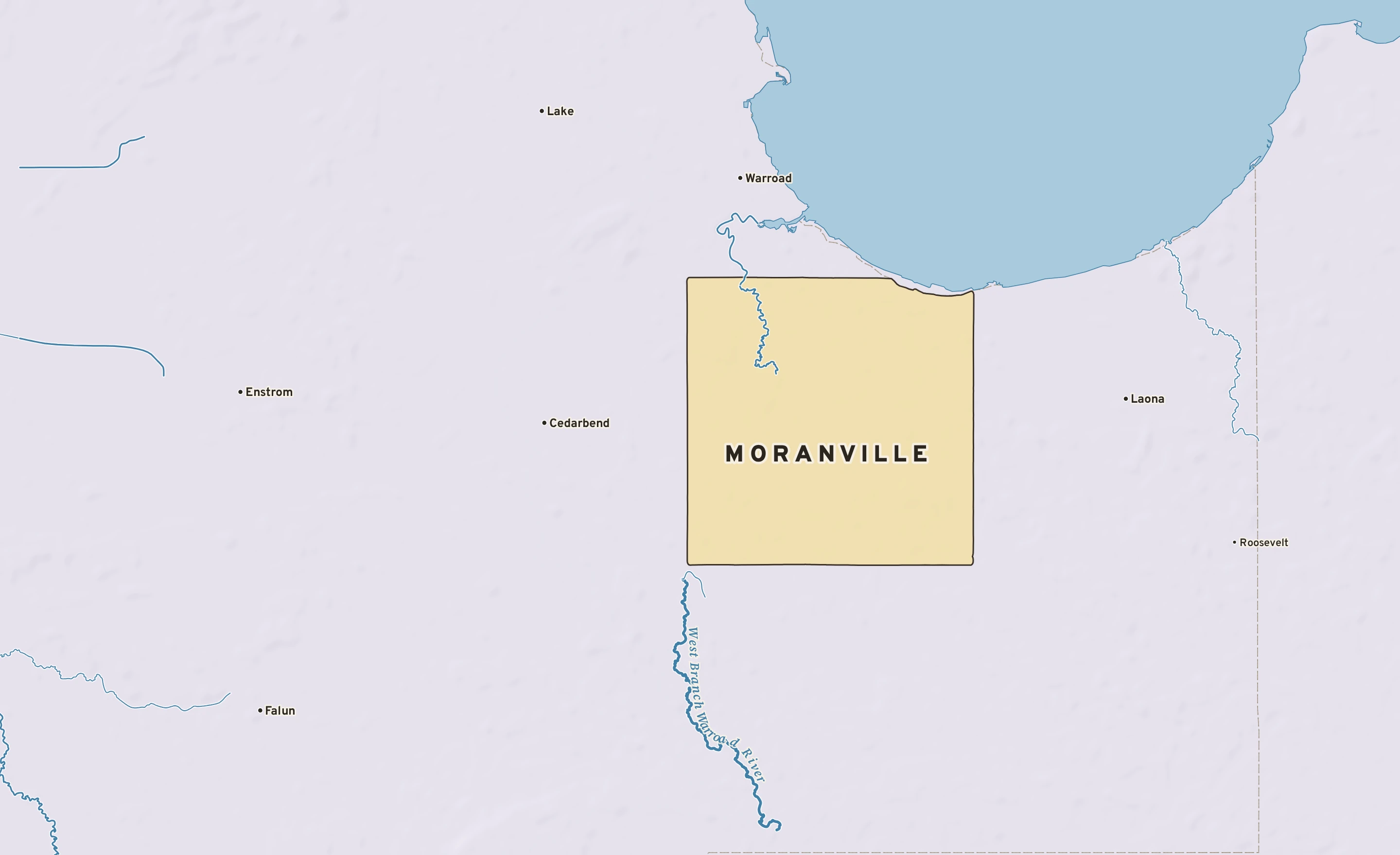Shaded-relief atlas plate of Moranville, Minnesota: rivers, roads, the city limits and where the water drains.